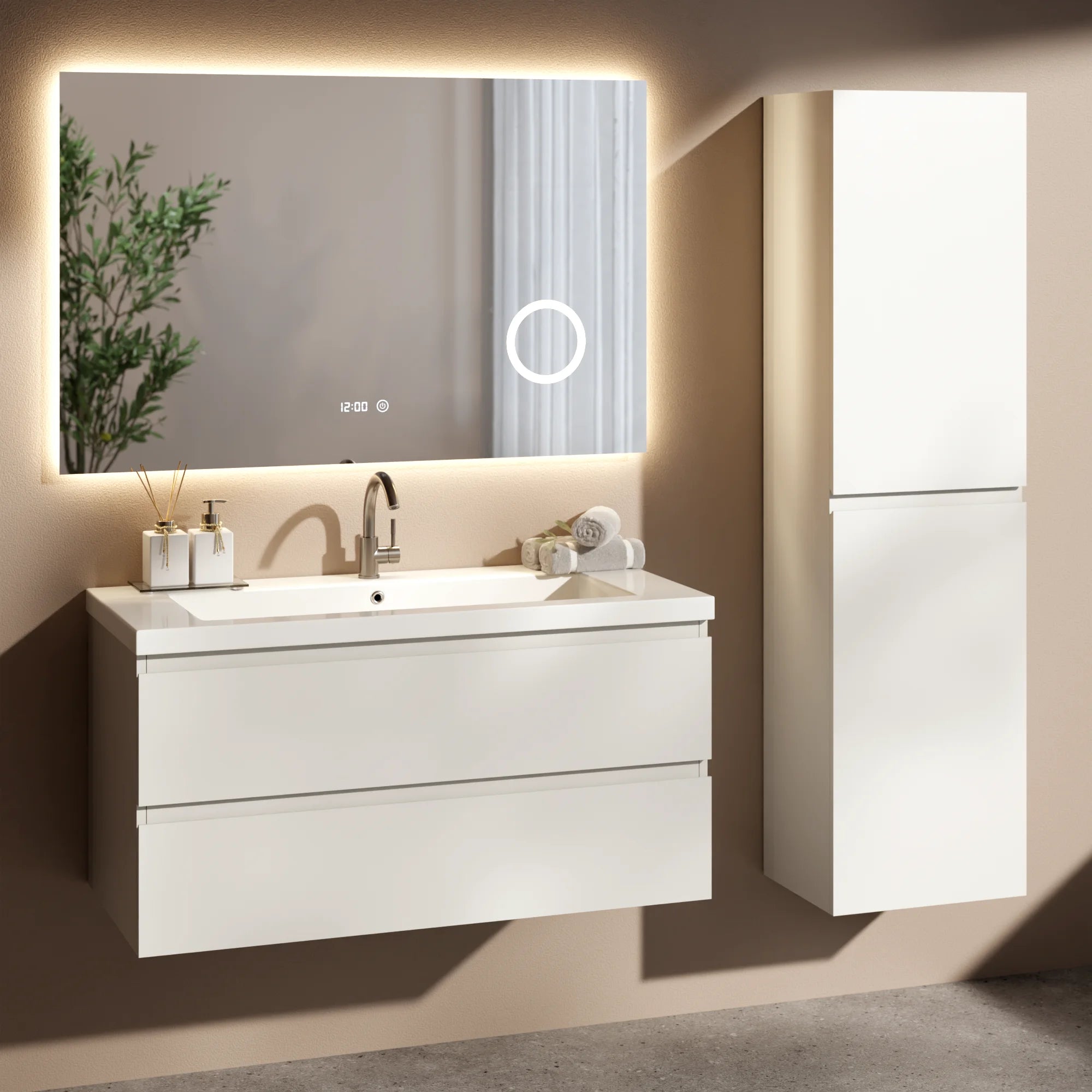 Badezimmermöbel Set London – 100 cm – Weiß – Weißes Waschbecken
