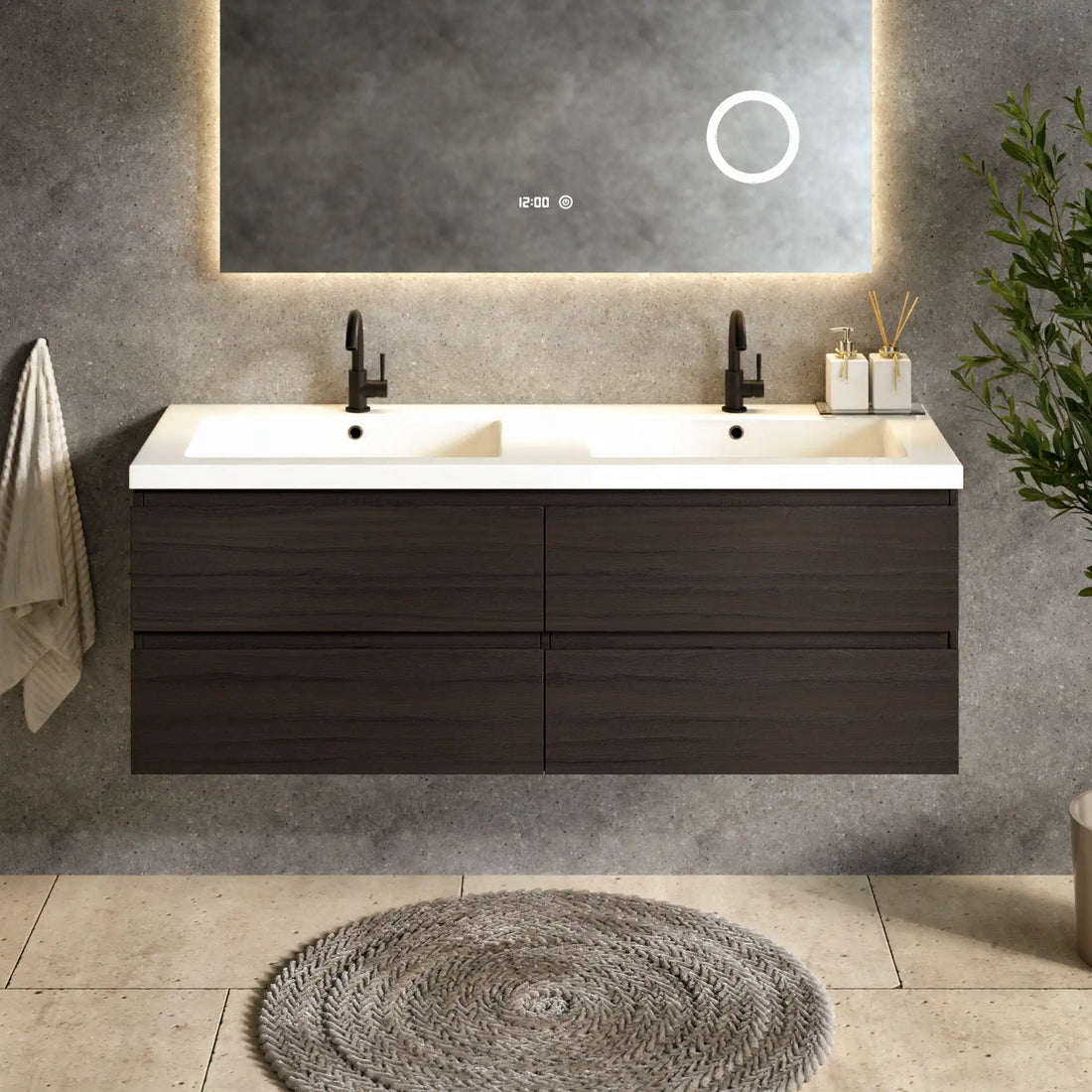 Badezimmermöbel Arato - 140 cm - Walnuss - Waschtisch Weiß