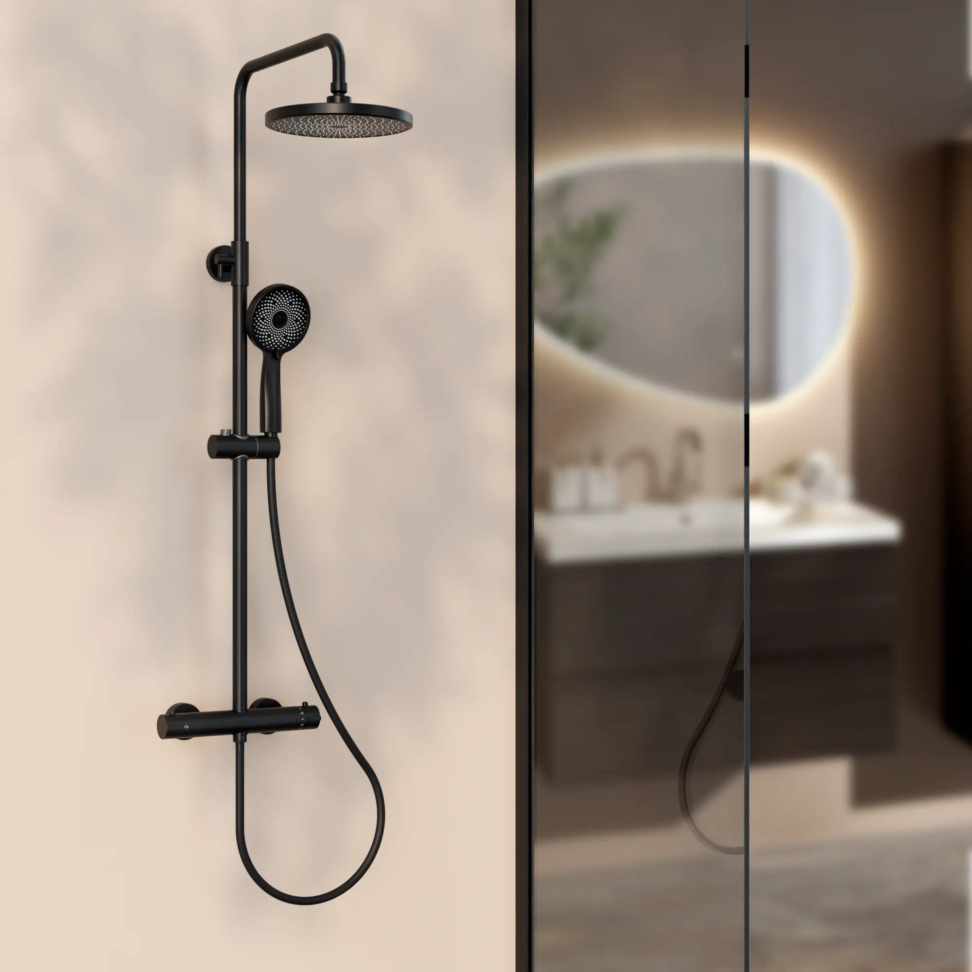 Regendusche Elin - Matt Schwarz mit Thermostatarmatur - 22 cm - Vorbestellen