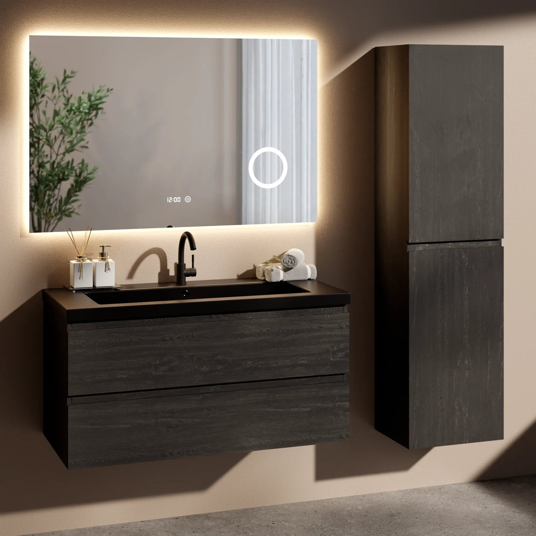 Badezimmermöbel Set Imperial – 100 cm – Schwarze Eiche – Schwarzes Waschbecken
