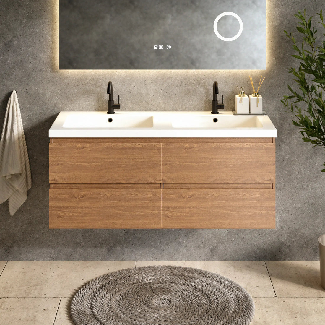 Badezimmermöbel Asora - 120 cm - 2 Warm Eiche- Warm Eiche - Waschbecken Weiß