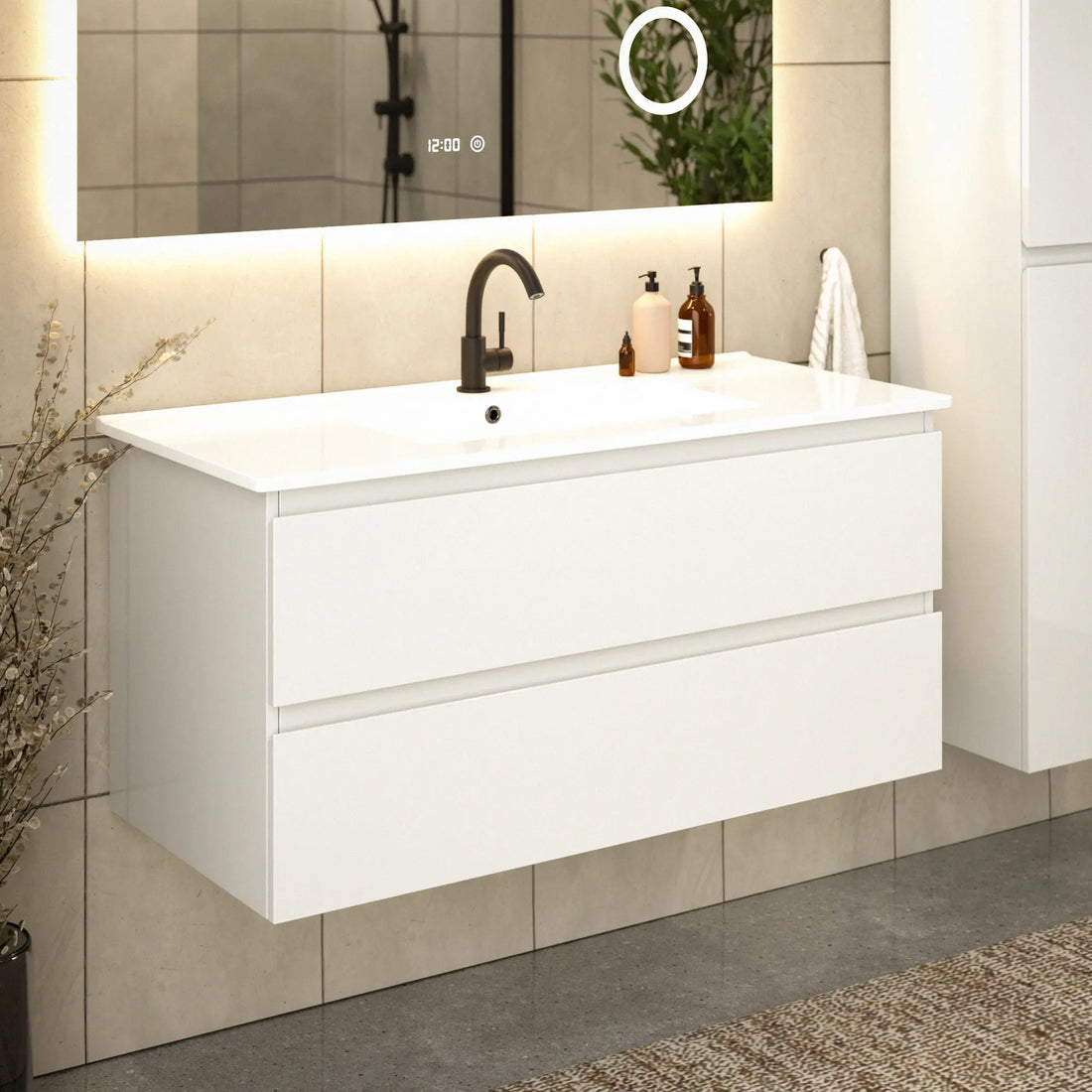 Badezimmermöbel Varo - 100 cm - Weiß - Weißes Waschbecken