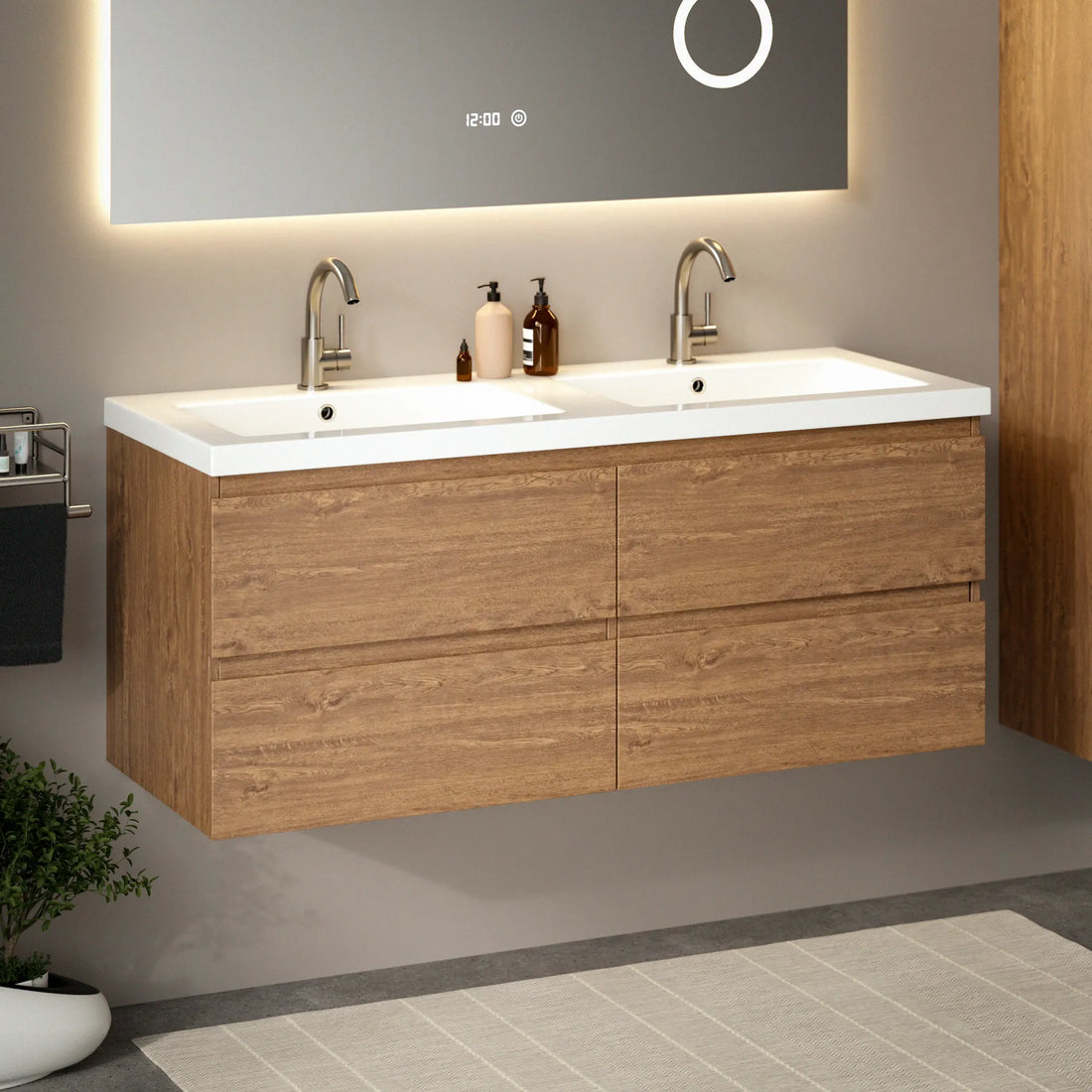 Badezimmermöbel Asora - 120 cm - 2 Warm Eiche- Warm Eiche - Waschbecken Weiß