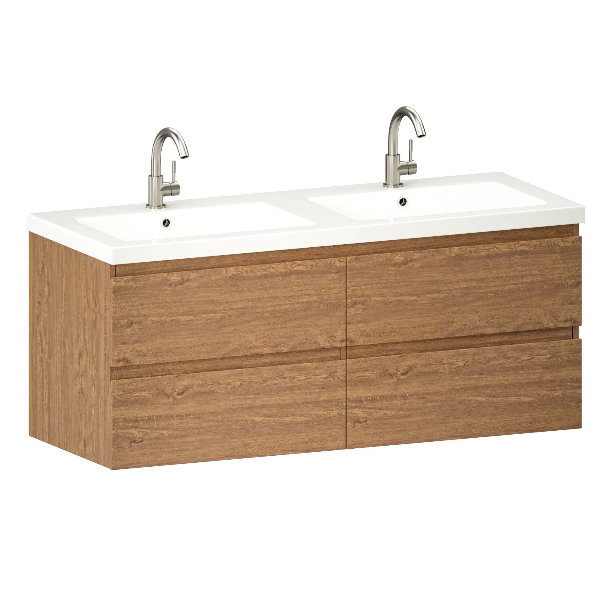 Badezimmermöbel Asora - 120 cm - 2 Warm Eiche- Warm Eiche - Waschbecken Weiß