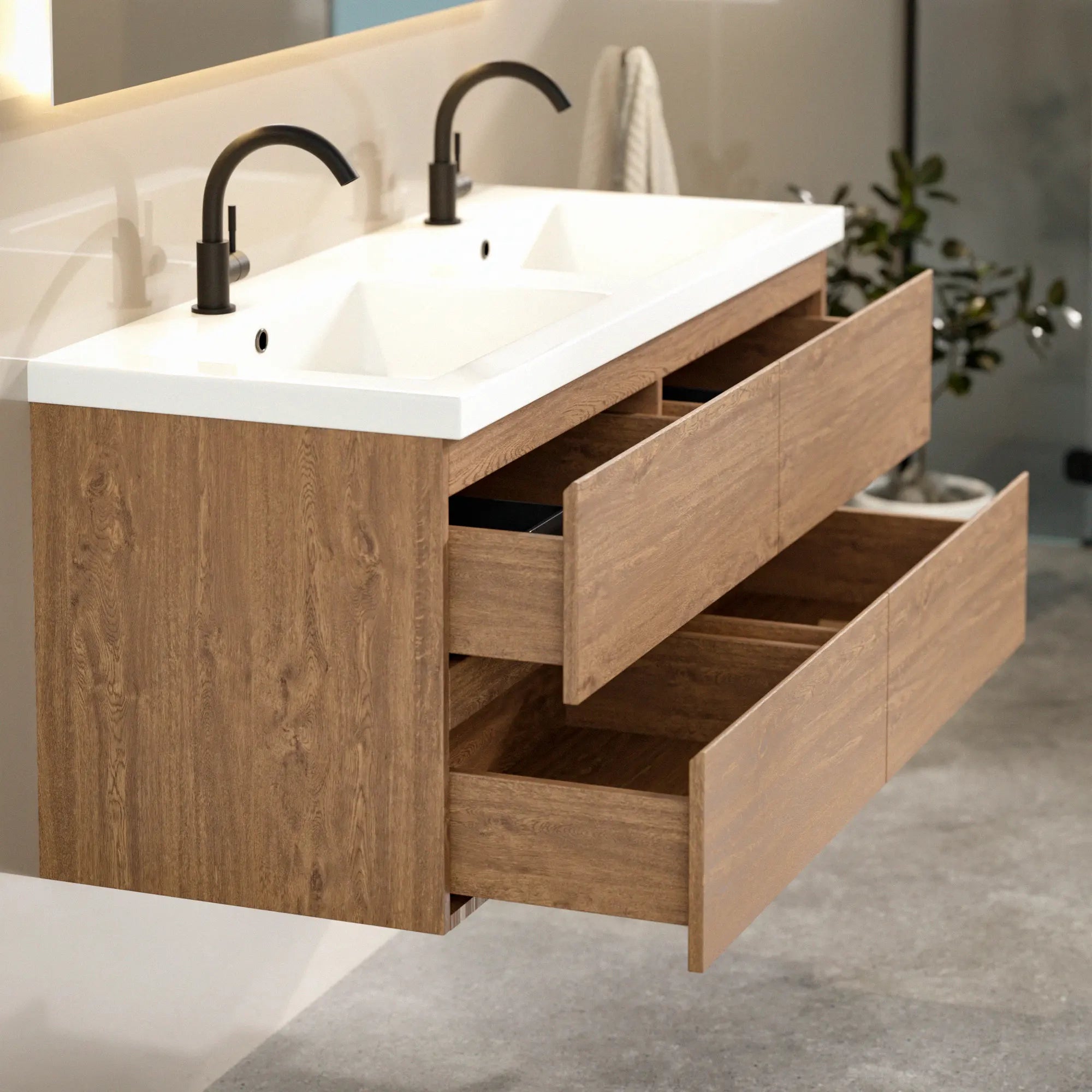 Badezimmermöbel Asora - 120 cm - 2 Warm Eiche- Warm Eiche - Waschbecken Weiß