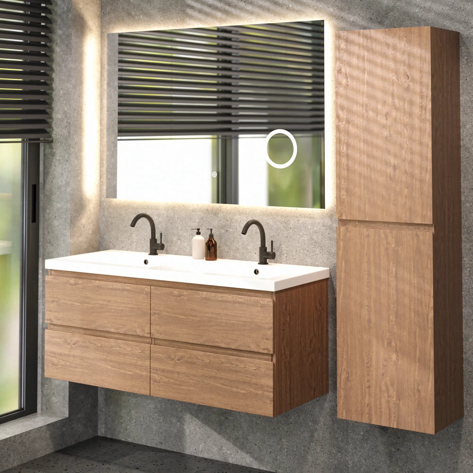 Badezimmermöbel Asora - 120 cm - 2 Warm Eiche- Warm Eiche - Waschbecken Weiß
