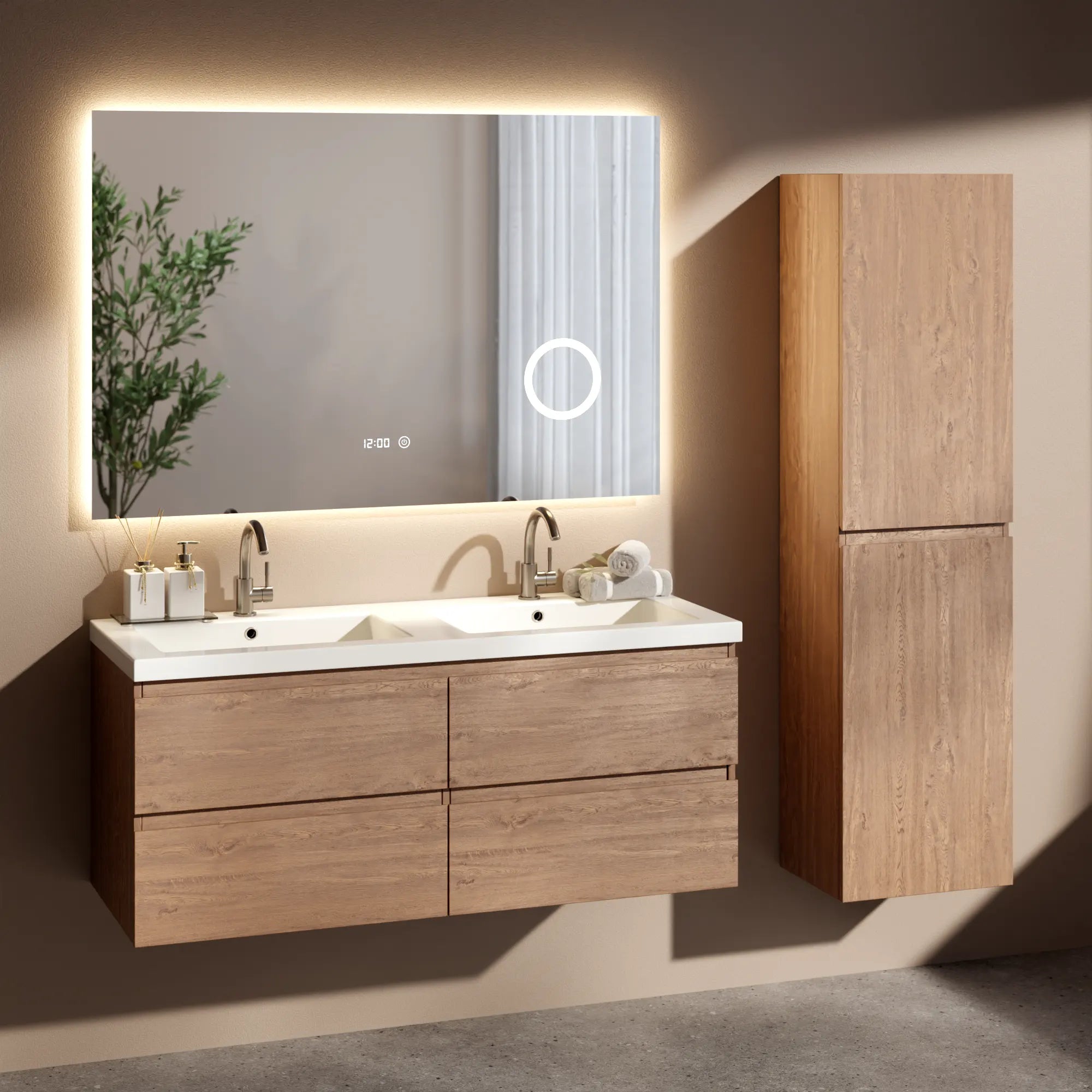 Badezimmermöbel Asora - 120 cm - 2 Warm Eiche- Warm Eiche - Waschbecken Weiß