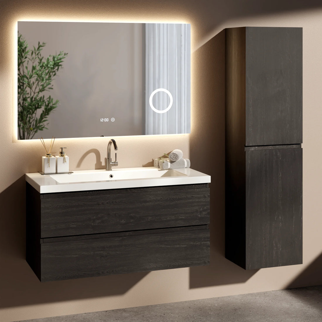 Badezimmermöbel Set Montero – 100 cm – Schwarze Eiche – Weißes Waschbecken
