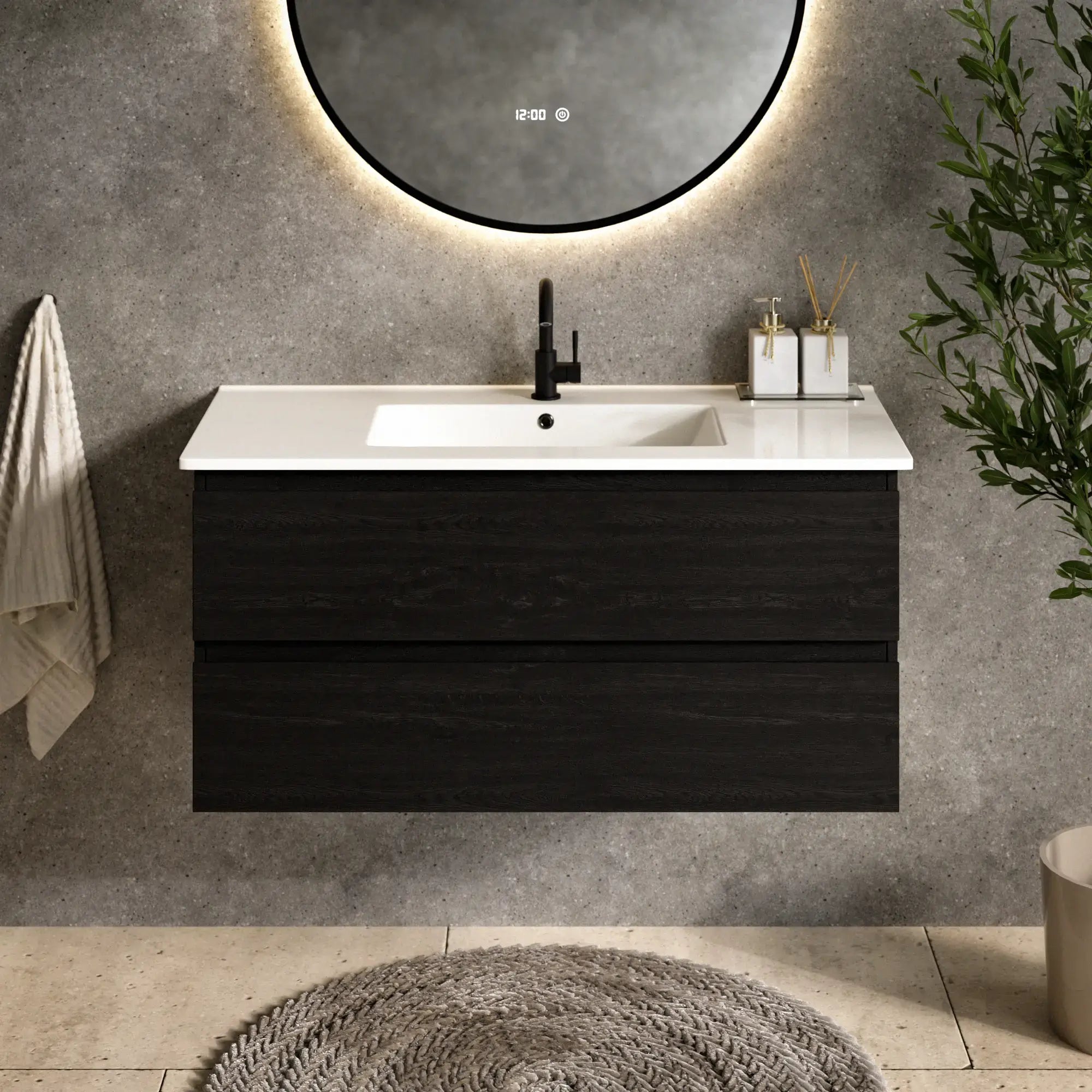 Badezimmermöbel Varo - 100 cm - Schwarz Eiche - Weißes Waschbecken - Vorbestellen