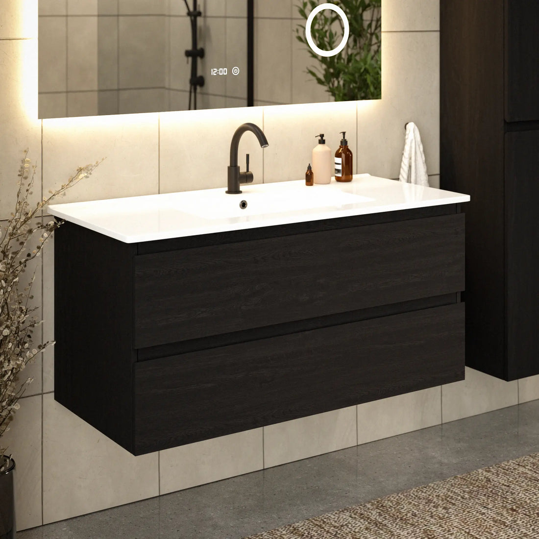 Badezimmermöbel Varo - 100 cm - Schwarz Eiche - Weißes Waschbecken