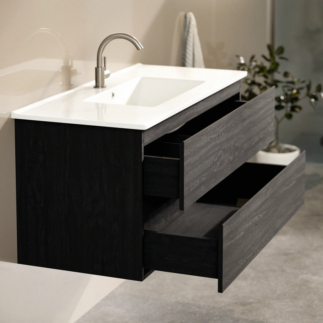 Badezimmermöbel Varo - 100 cm - Schwarz Eiche - Weißes Waschbecken