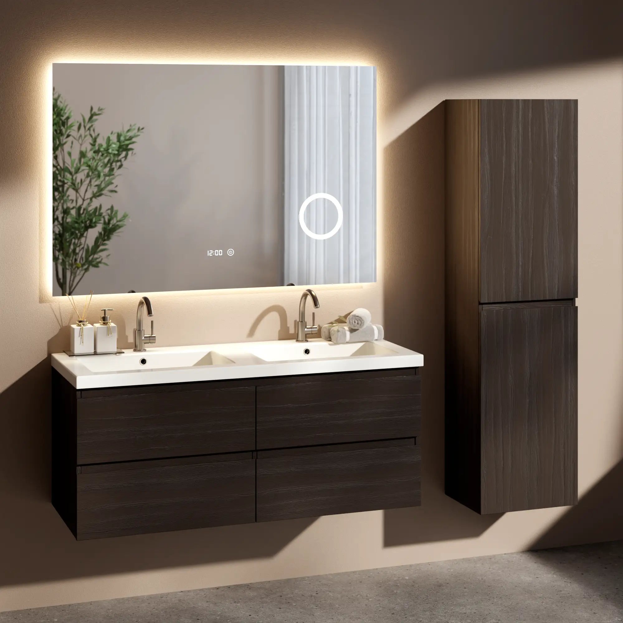 Badezimmermöbel Asora - 120 cm - Walnuss - Waschtisch Weiß