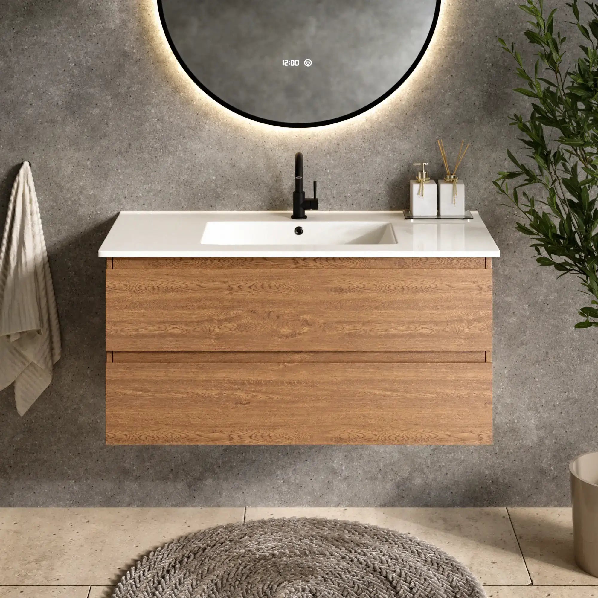Badezimmermöbel Varo - 100 cm - Warm Eiche - Weißes Waschbecken
