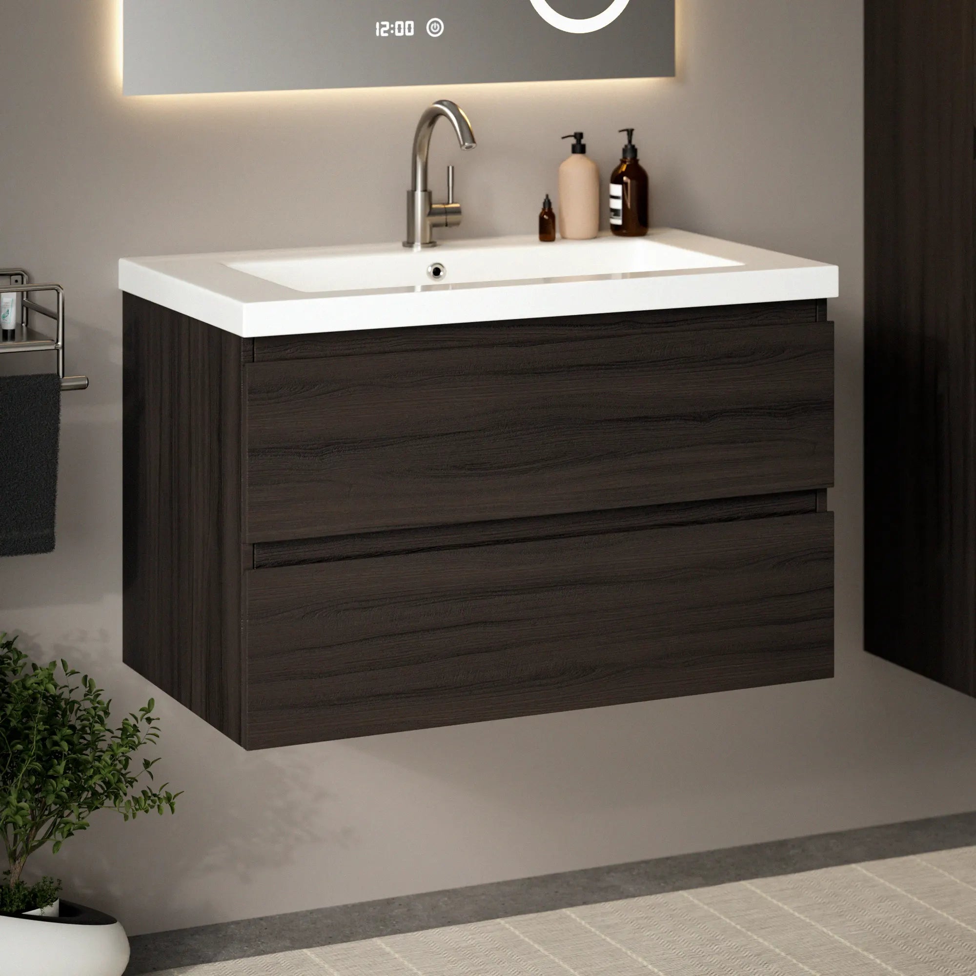 Badezimmermöbel Sova - 80cm - Walnuss - Waschbecken Weiß