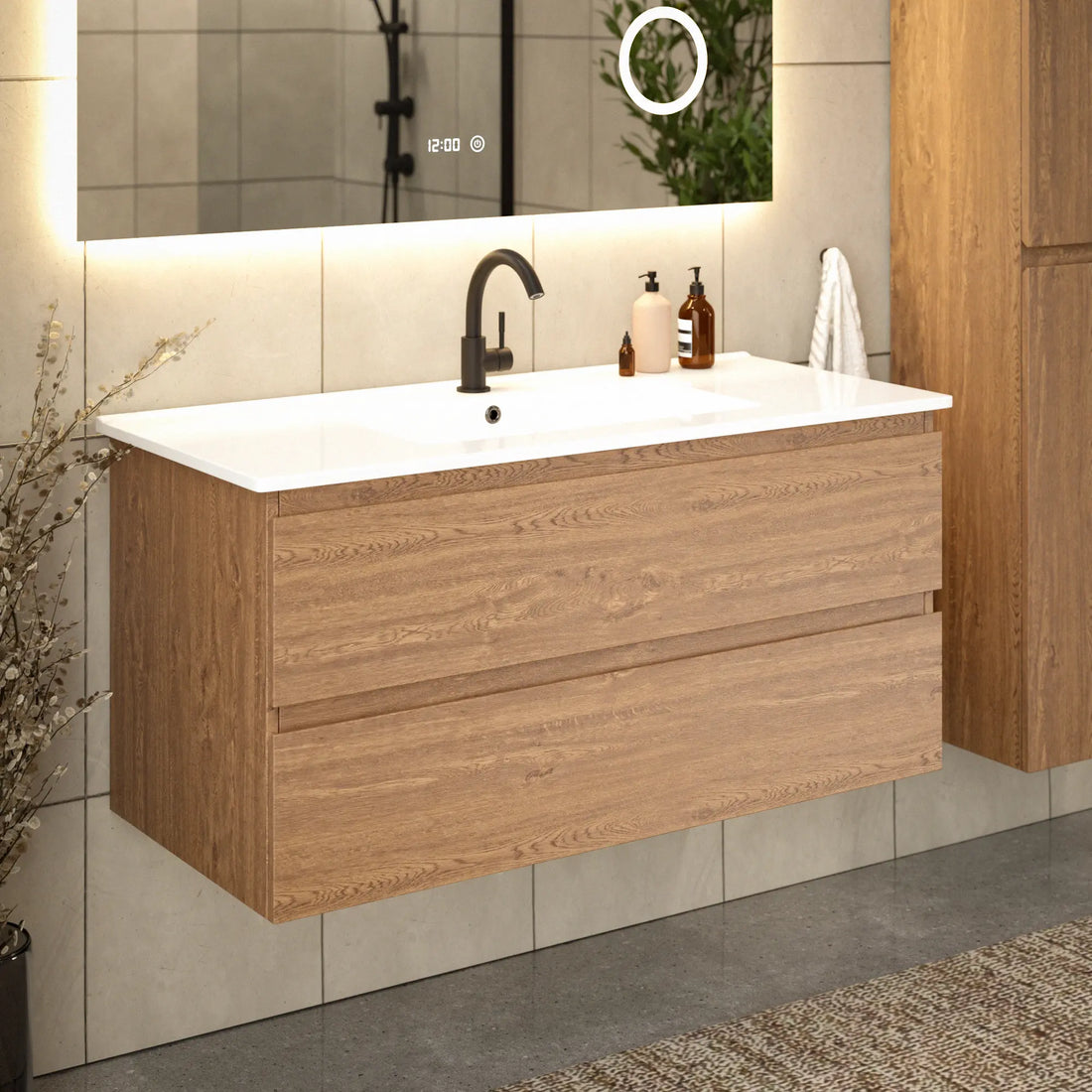 Badezimmermöbel Varo - 100 cm - Warm Eiche - Weißes Waschbecken