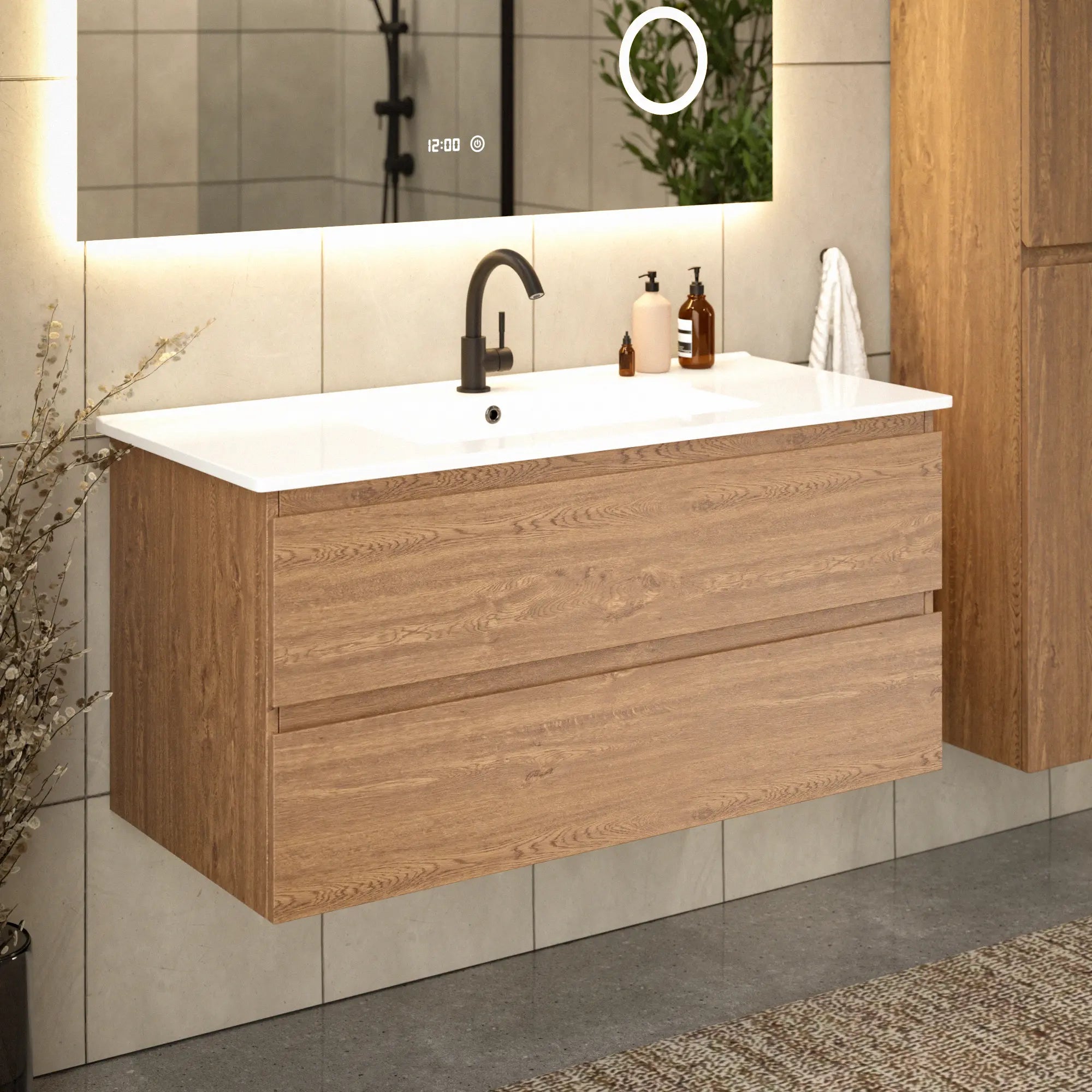 Badezimmermöbel Varo - 100 cm - Warm Eiche - Weißes Waschbecken