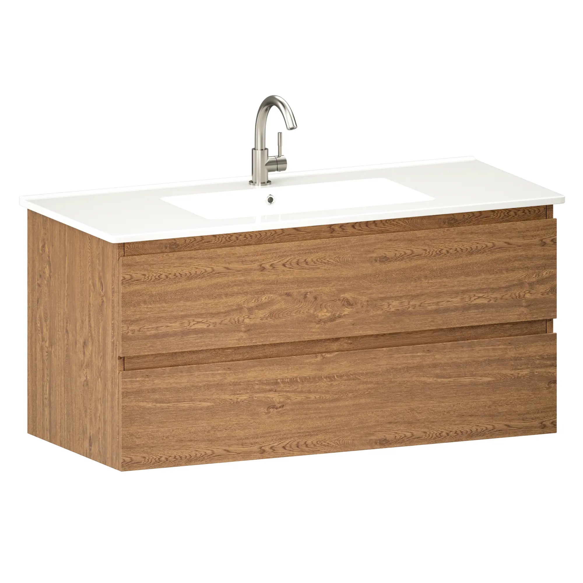 Badezimmermöbel Varo - 100 cm - Warm Eiche - Weißes Waschbecken