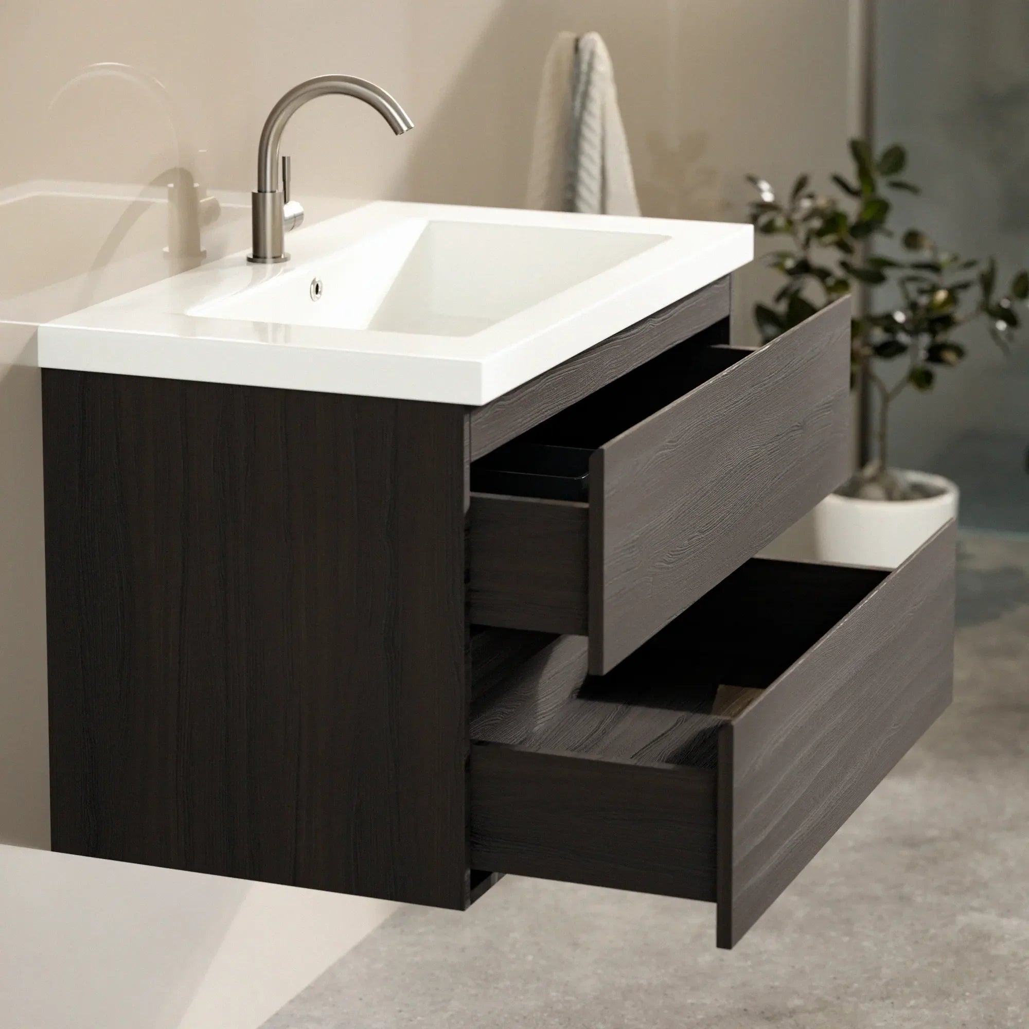 Badezimmermöbel Sova - 80cm - Walnuss - Waschbecken Weiß