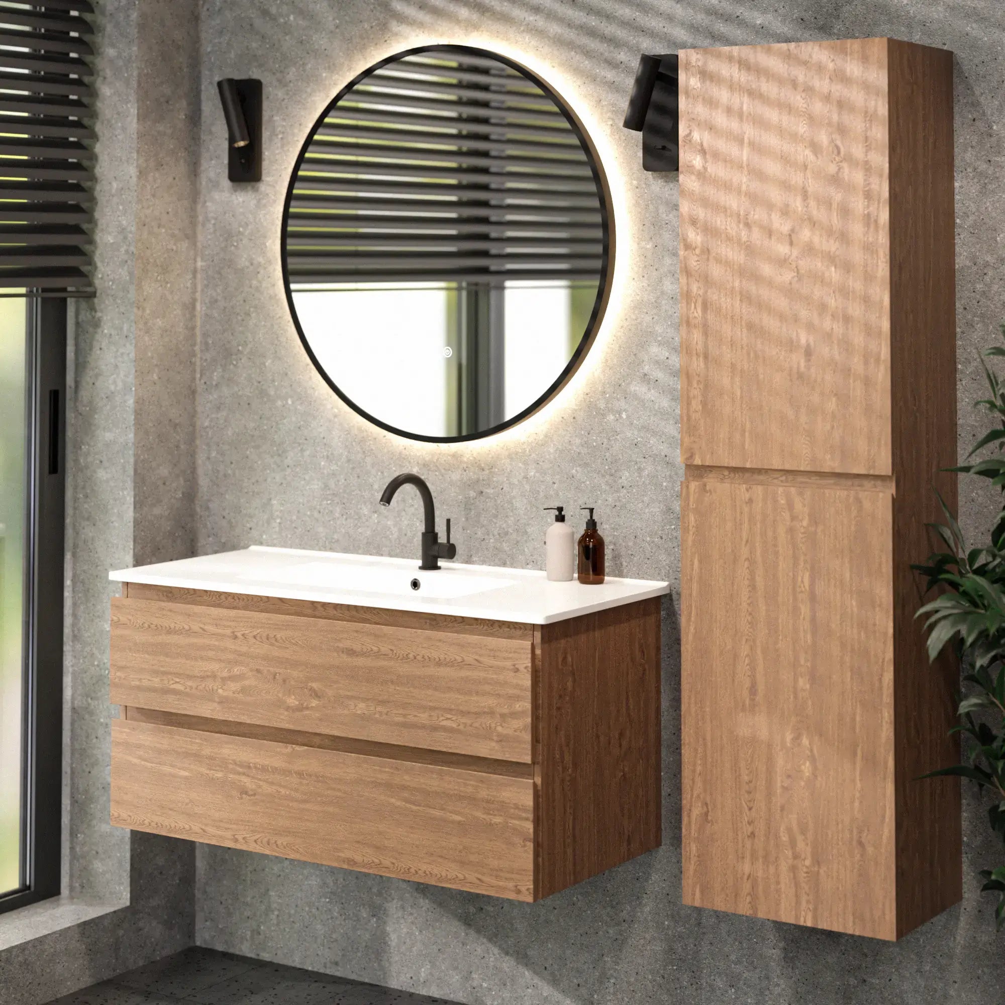 Badezimmermöbel Varo - 100 cm - Warm Eiche - Weißes Waschbecken