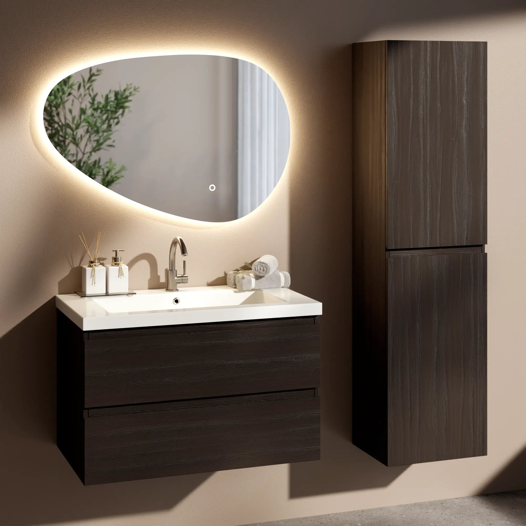 Badezimmermöbel Sova - 80cm - Walnuss - Waschbecken Weiß