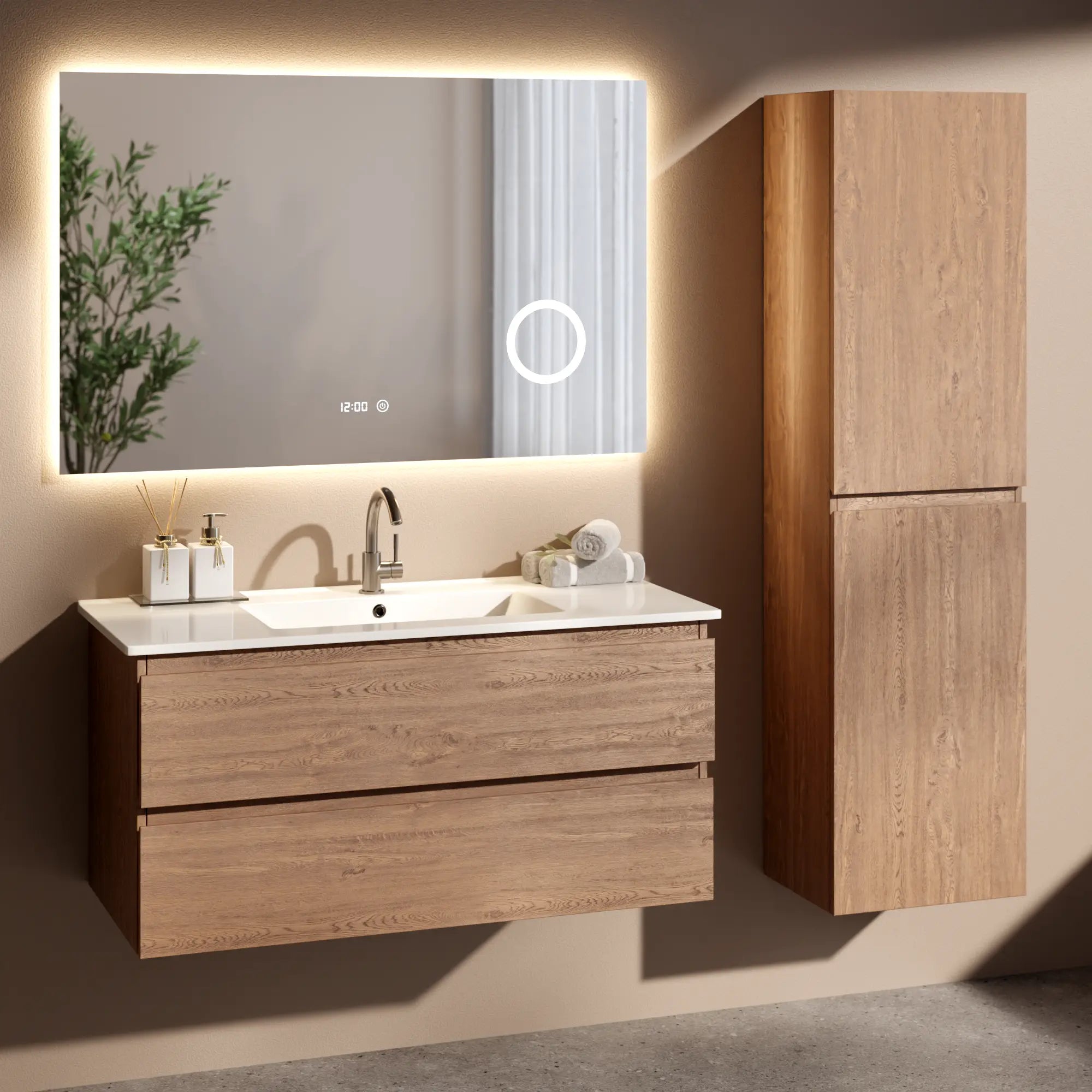 Badezimmermöbel Varo - 100 cm - Warm Eiche - Weißes Waschbecken