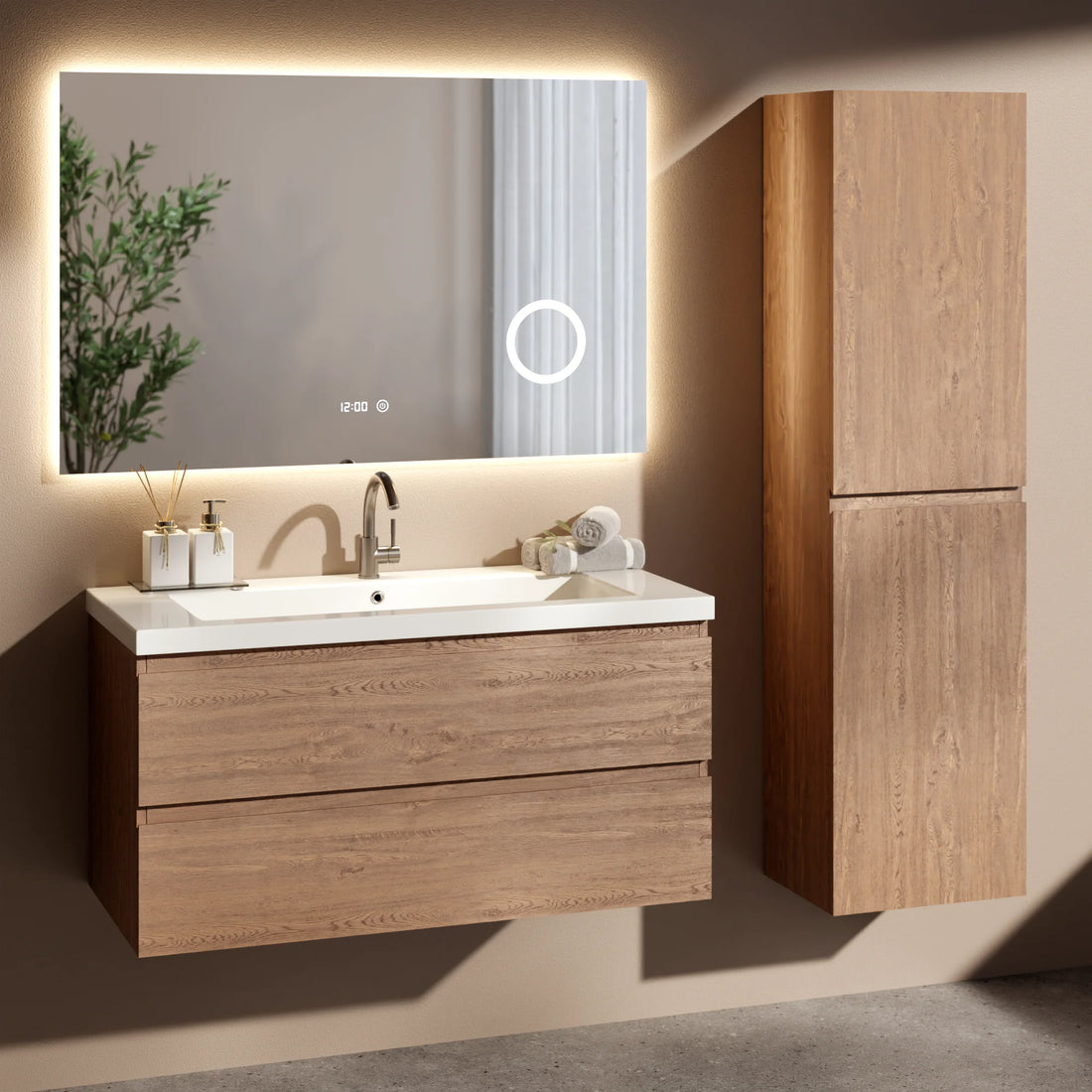Badezimmermöbel Set Valento – 100 cm – Warme Eiche – Weißes Waschbecken