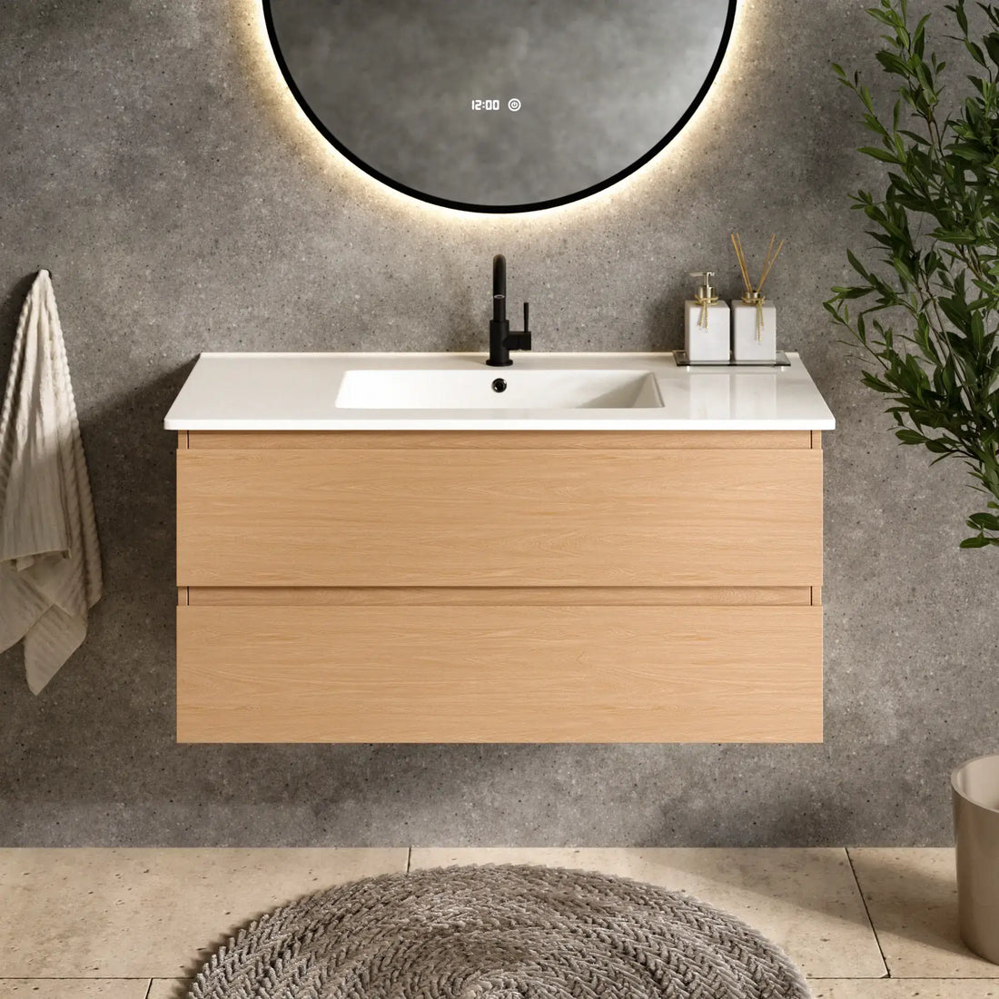 Badezimmermöbel Varo - 100 cm - Helle Eiche - Weißes Waschbecken