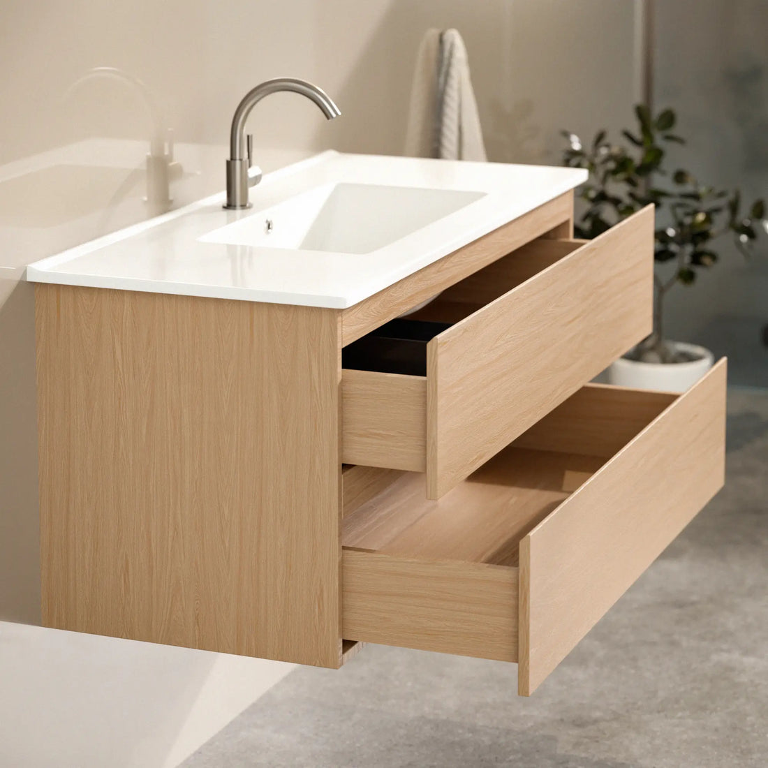 Badezimmermöbel Varo - 100 cm - Helle Eiche - Weißes Waschbecken
