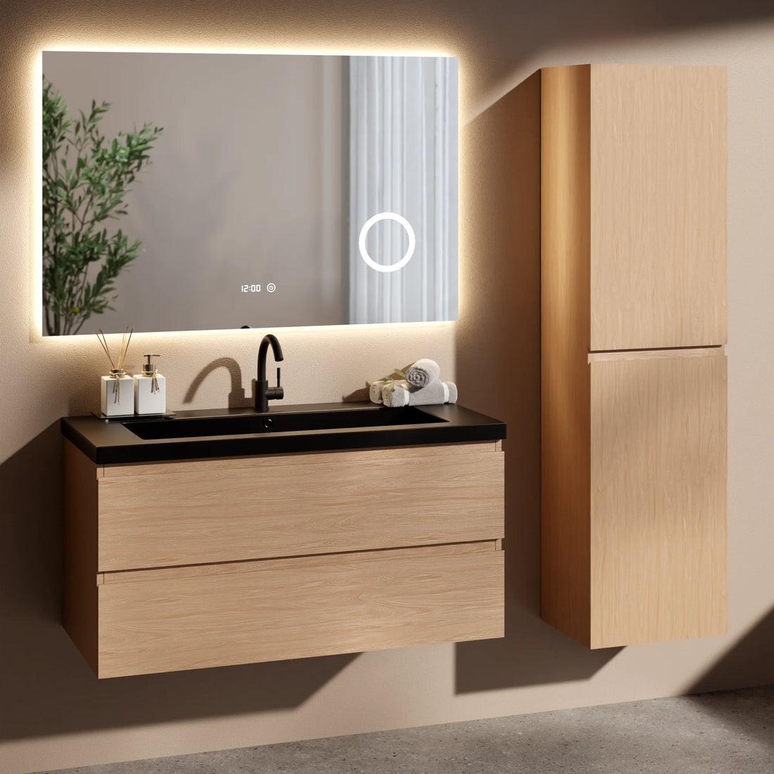 Badezimmermöbel Set Monaco – 100 cm – Helle Eiche – Schwarzes Waschbecken