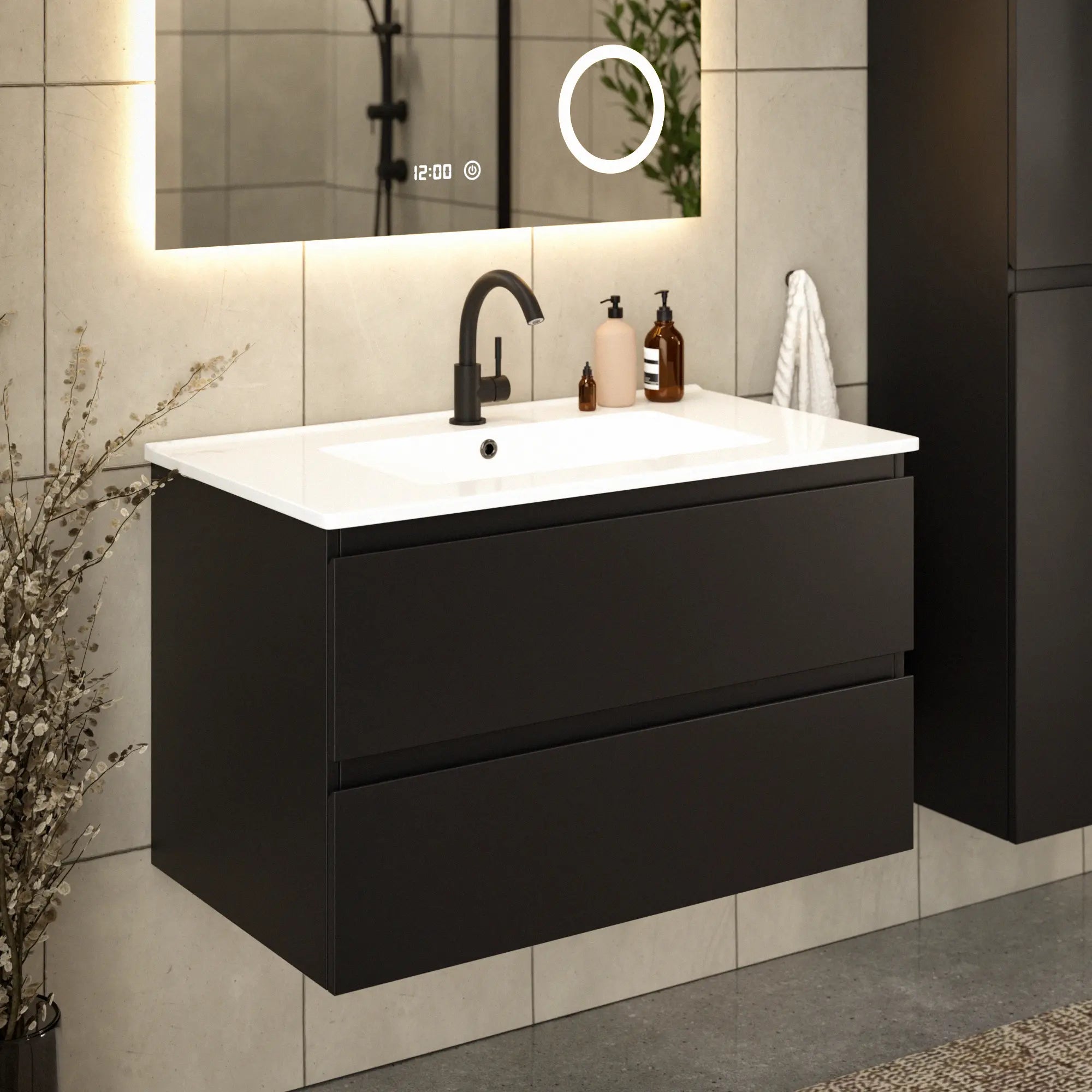 Badezimmermöbel Luma - 80 cm - Schwarz - Weißes Waschbecken - Vorbestellen