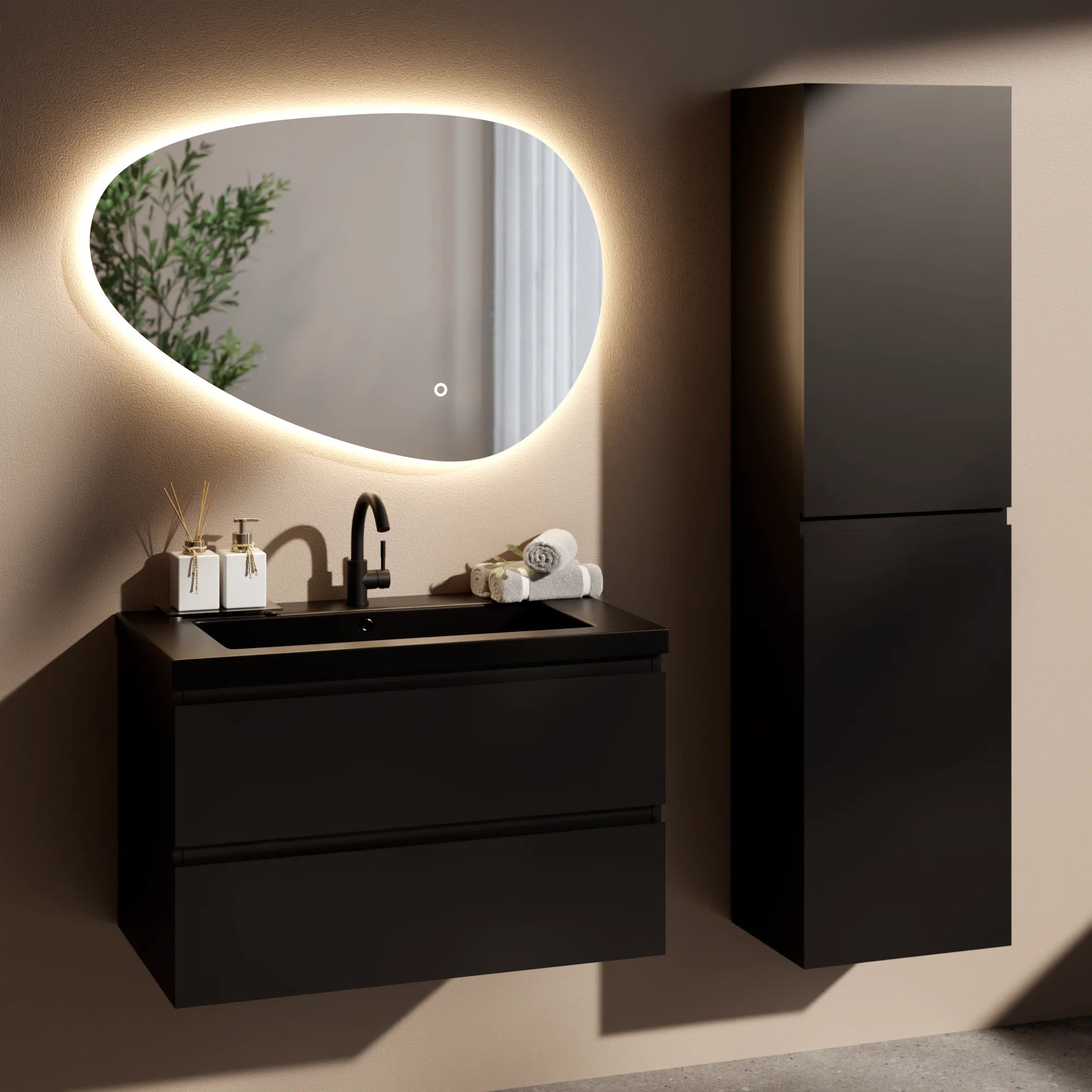 Badezimmermöbel Set Novara – 80 cm – Mattschwarz – Schwarzes Waschbecken