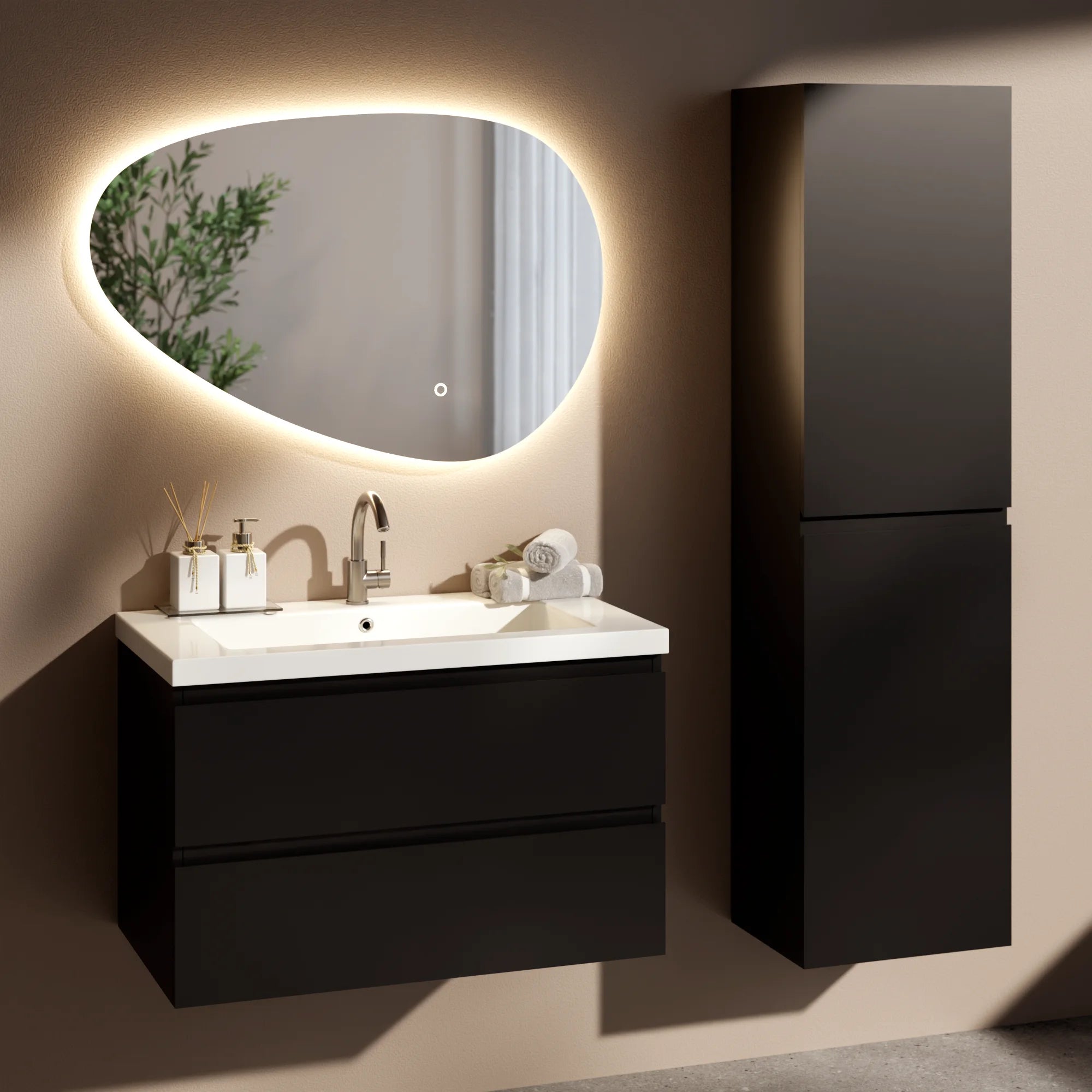 Badezimmermöbel Set Lunaro – 80 cm – Mattschwarz – Weißes Waschbecken