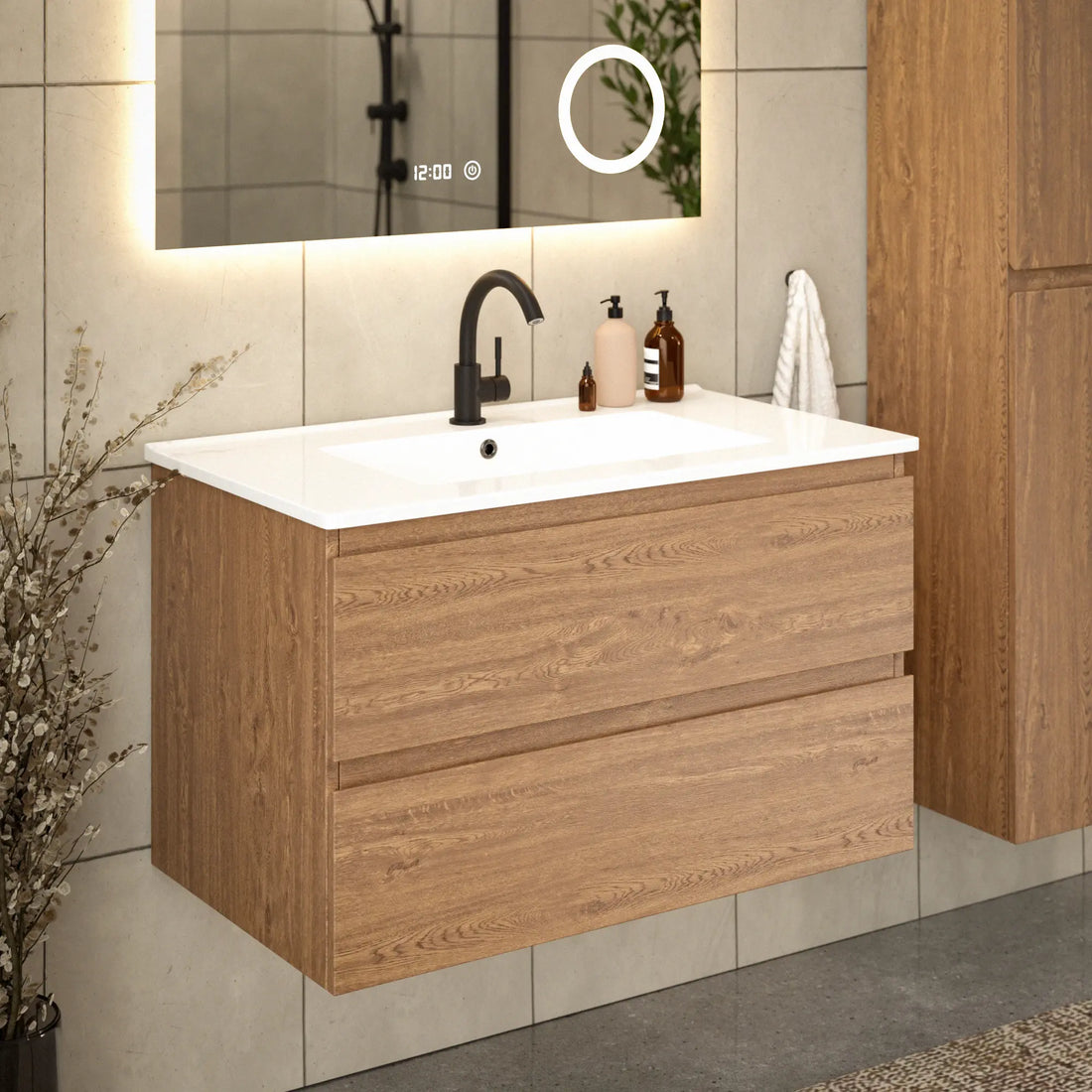 Badezimmermöbel Luma - 80 cm - Warm Eiche - Weißes Waschbecken