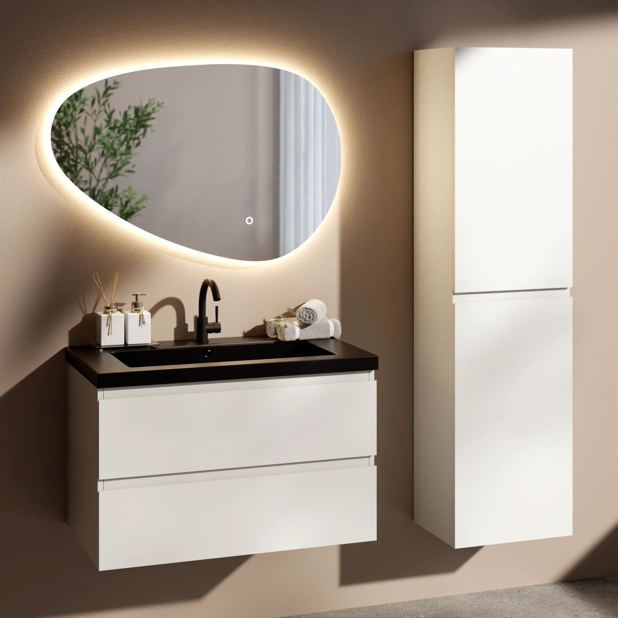 Badezimmermöbel Set Paris – 80 cm – Weiß – Schwarzes Waschbecken