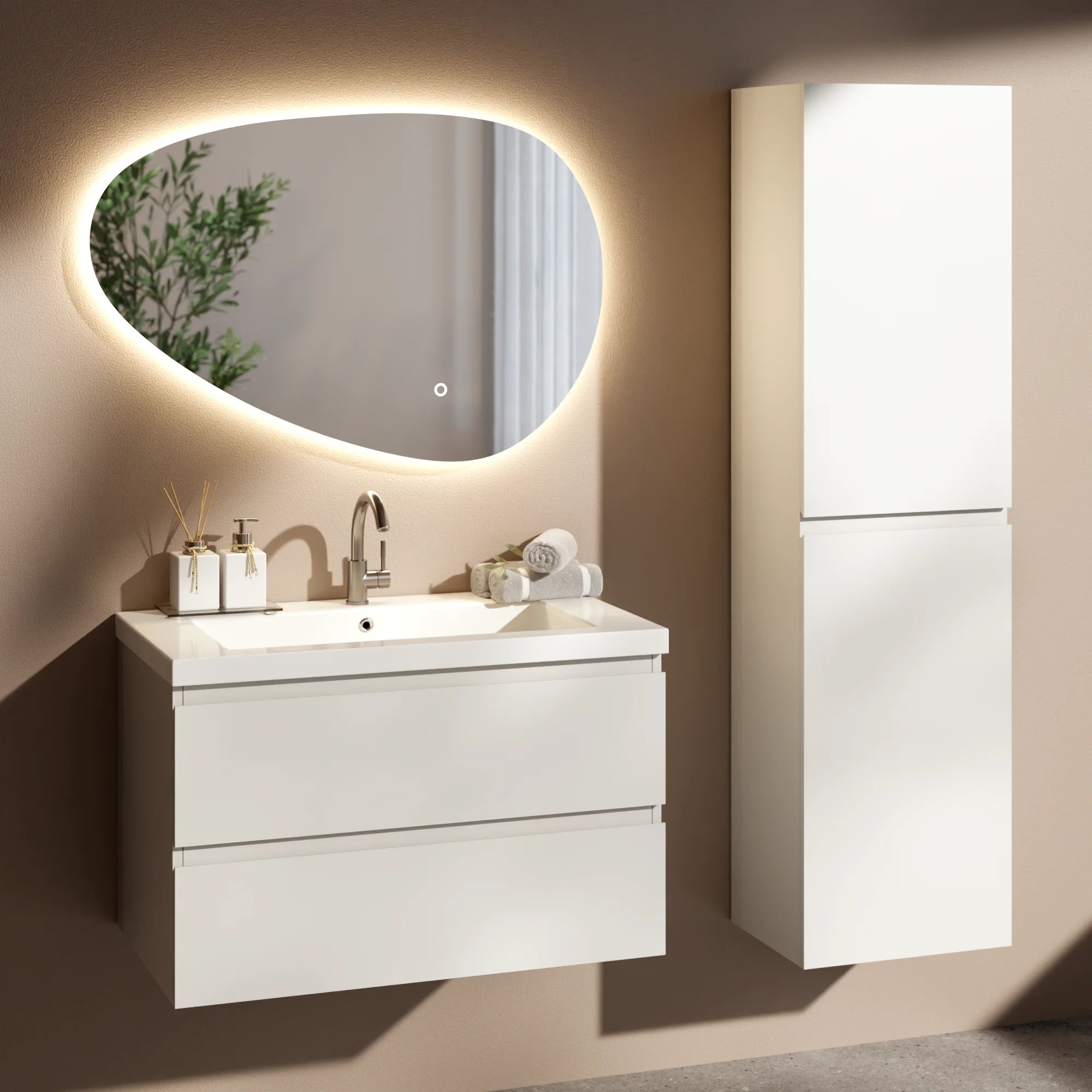 Badezimmermöbel Set London – 80 cm – Weiß – Weißes Waschbecken