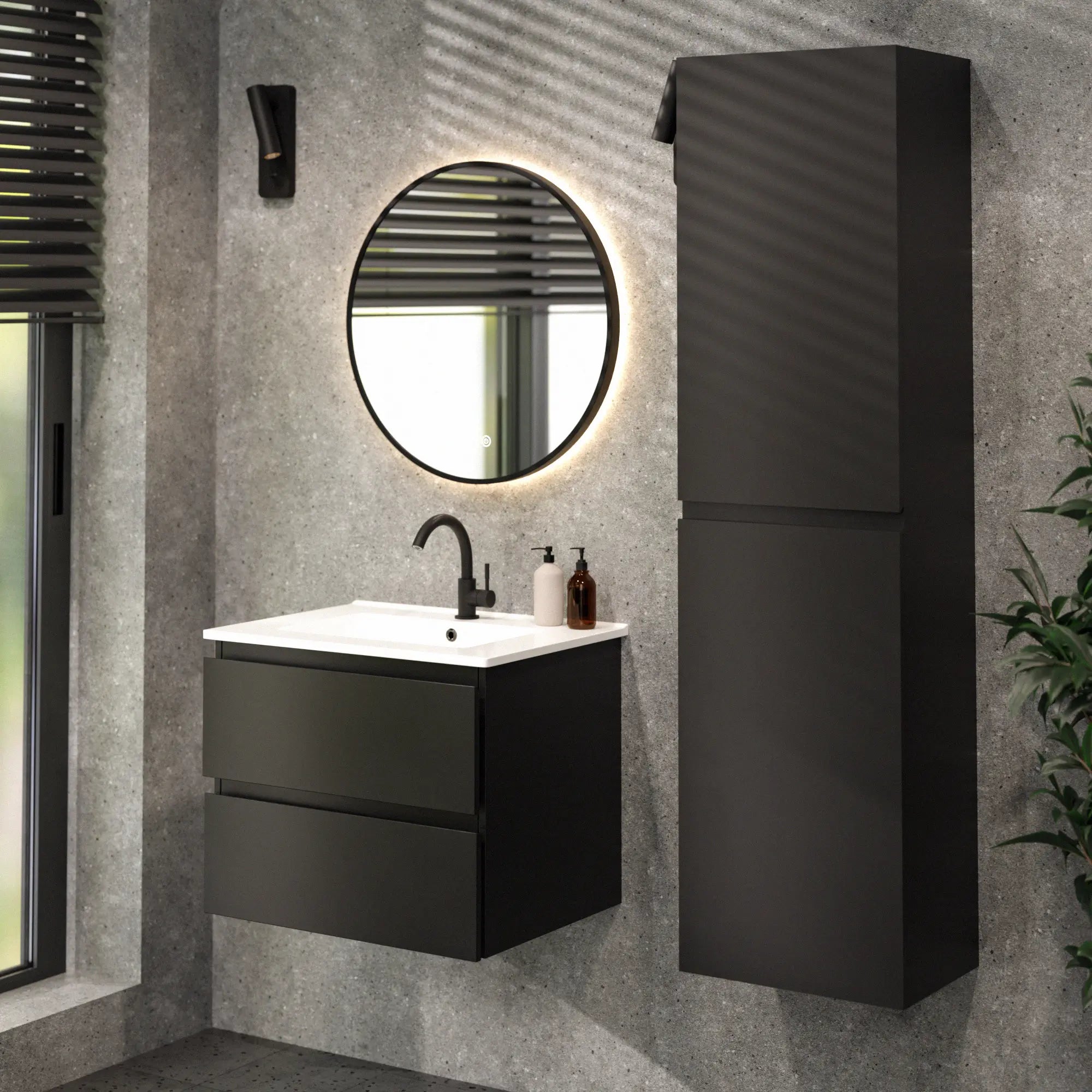Badezimmermöbel Norvi - 60 cm - Schwarz - Weißes Waschbecken - Vorbestellen