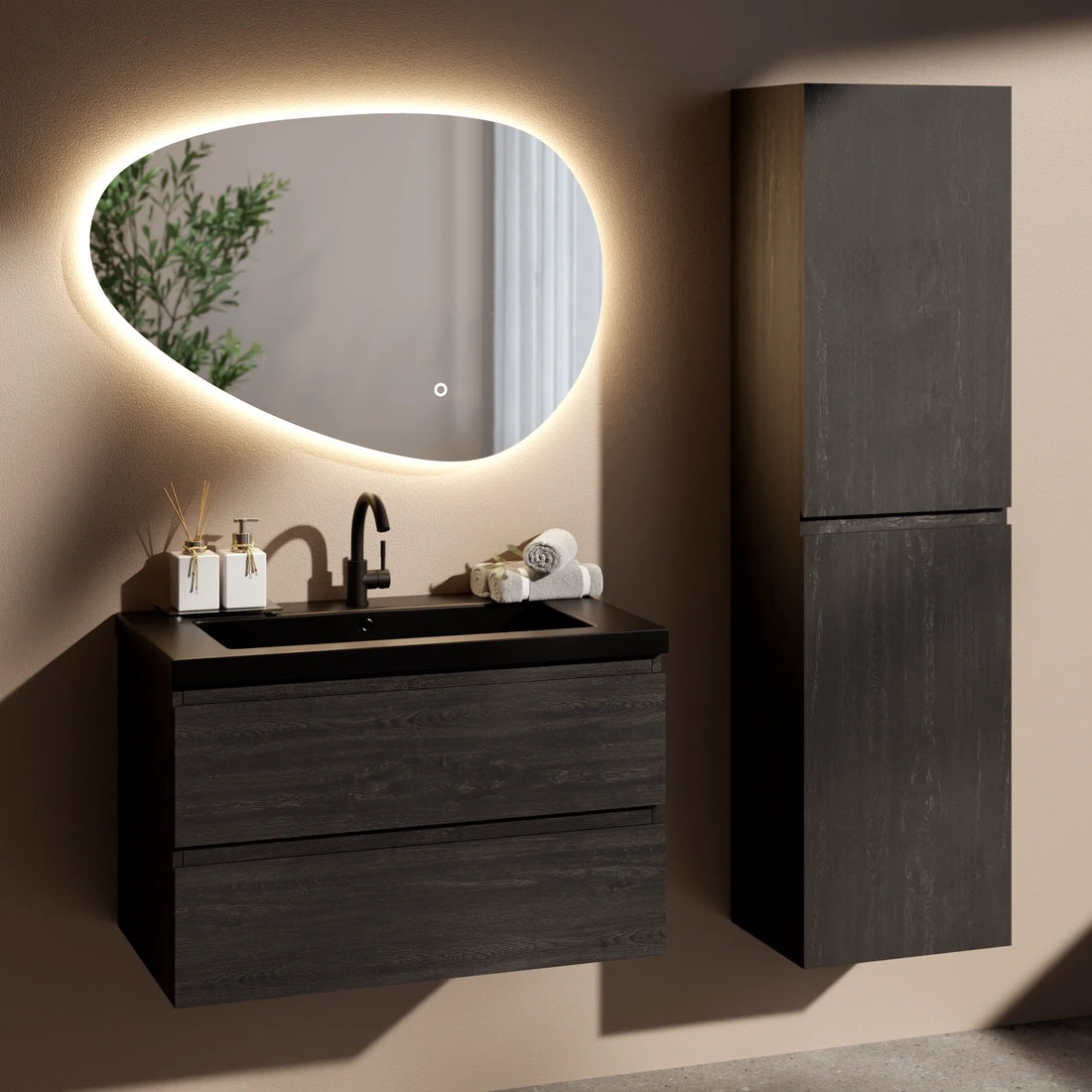 Badezimmermöbel Set Imperial – 80 cm – Schwarze Eiche – Schwarzes Waschbecken