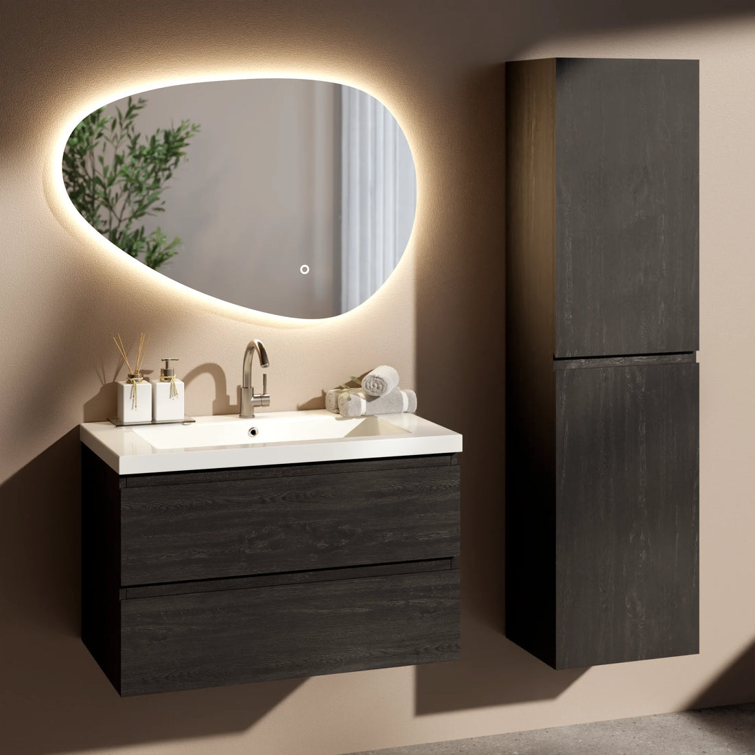 Badezimmermöbel Set Montero – 80 cm – Schwarze Eiche – Weißes Waschbecken