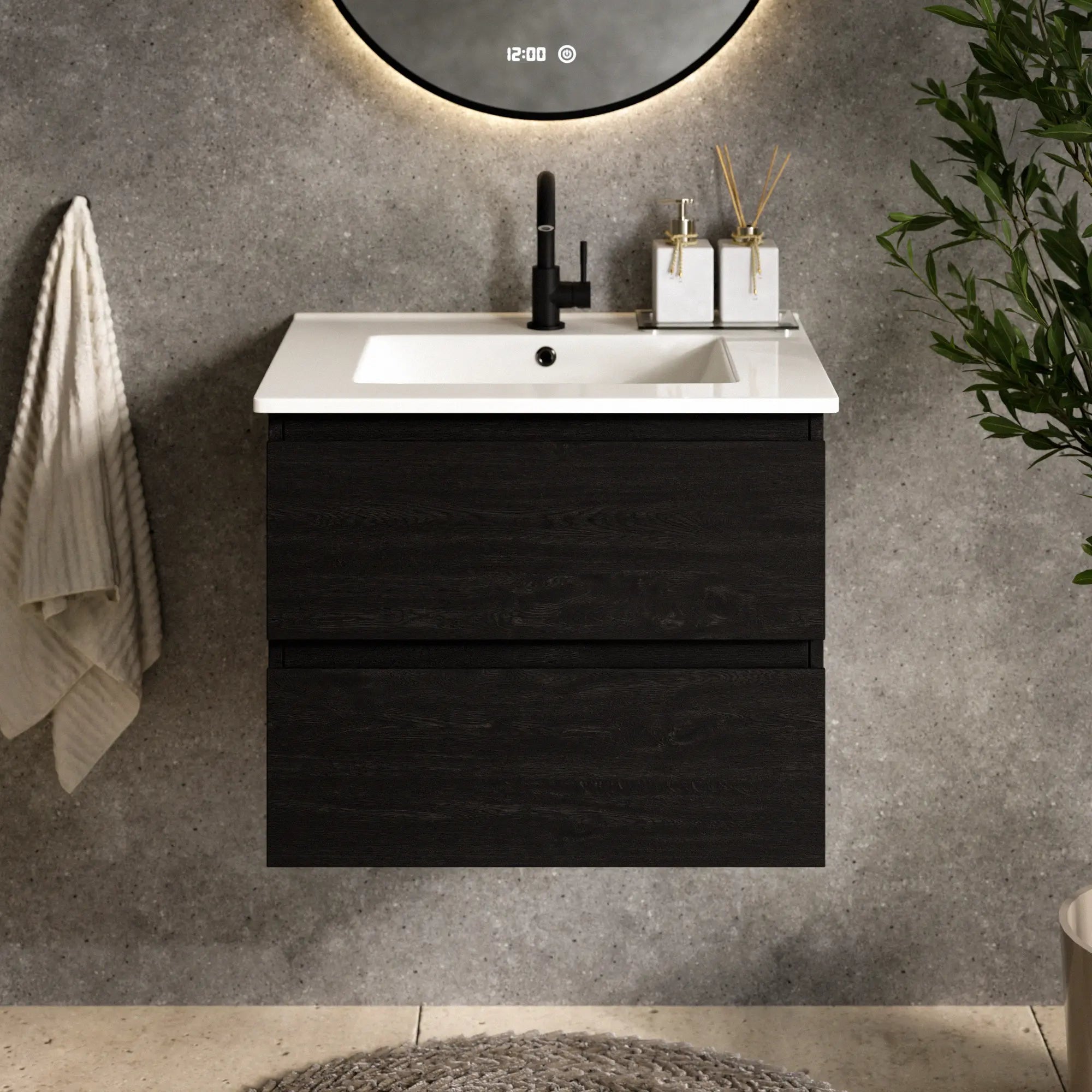 Badezimmermöbel Norvi - 60 cm - Schwarz Eiche - Weißes Waschbecken - Vorbestellen