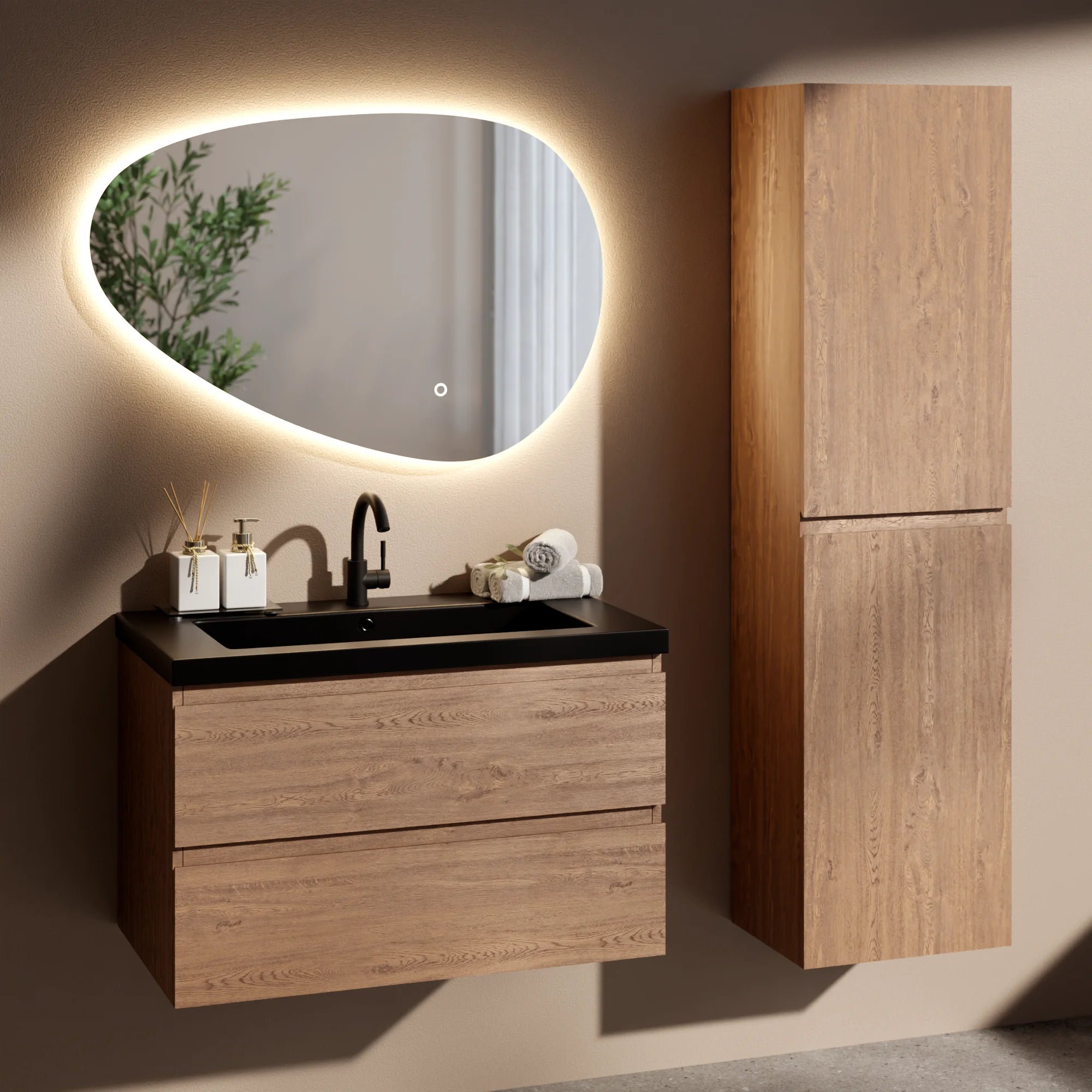 Badezimmermöbel Set Verona – 100 cm – Warme Eiche – Schwarzes Waschbecken - Vorbestellen