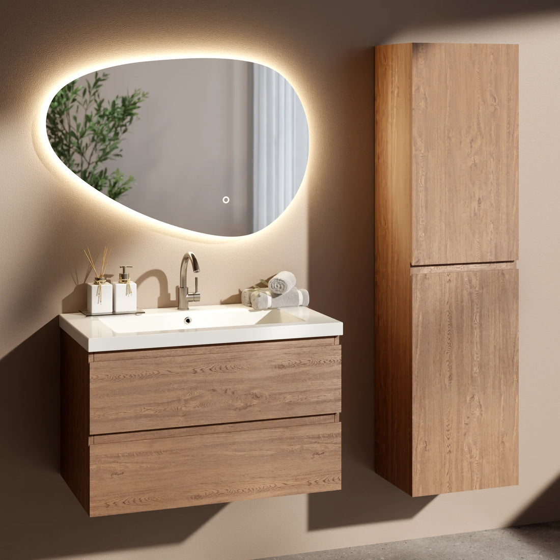 Badezimmermöbel Set Valento – 80 cm – Warme Eiche – Weißes Waschbecken