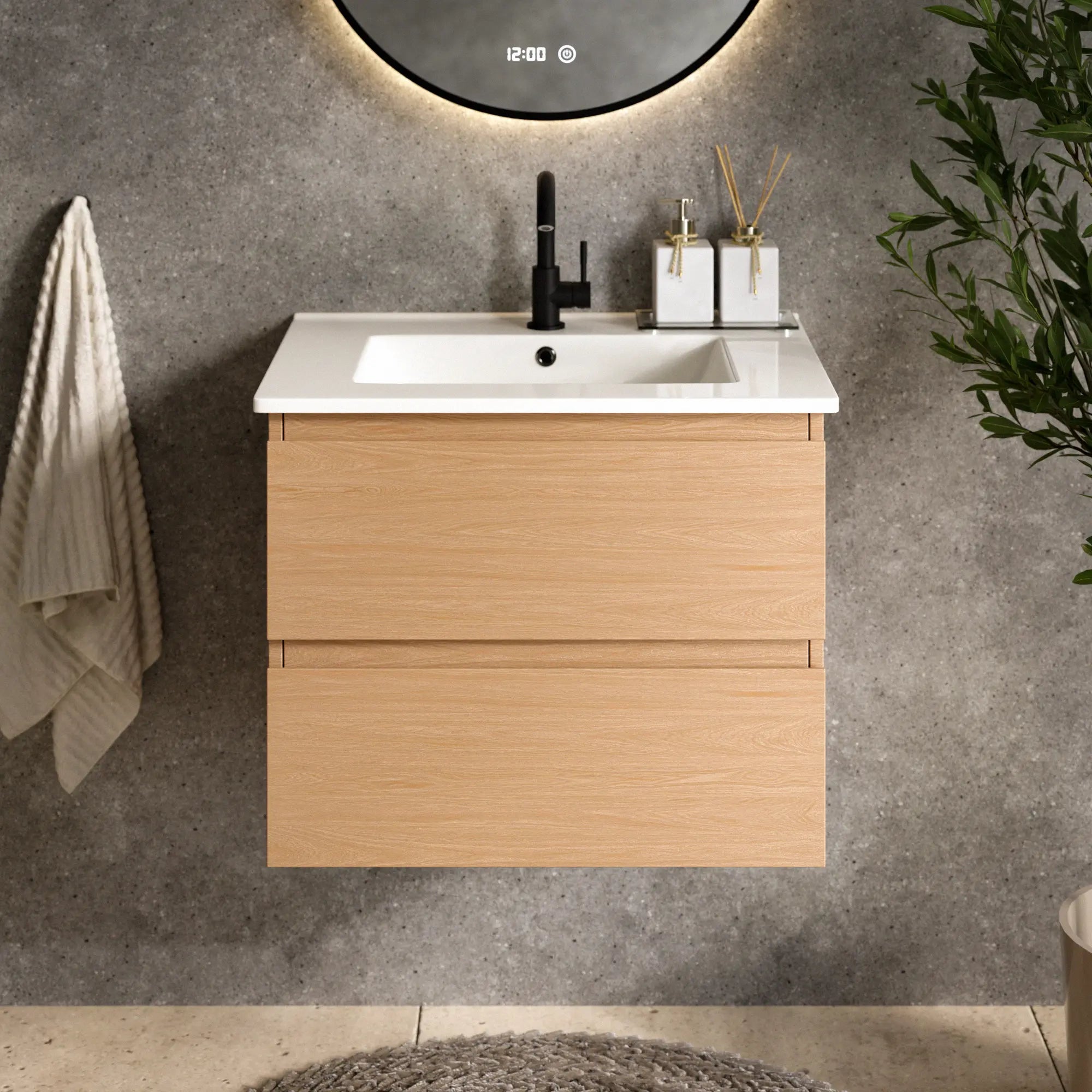 Badezimmermöbel Norvi - 60 cm - Helle Eiche - Weißes Waschbecken - Vorbestellen
