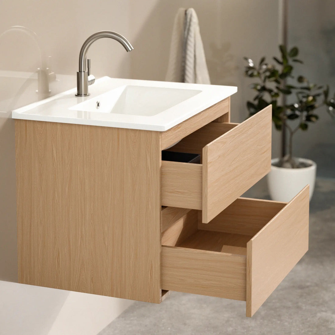 Badezimmermöbel Norvi - 60 cm - Helle Eiche - Weißes Waschbecken