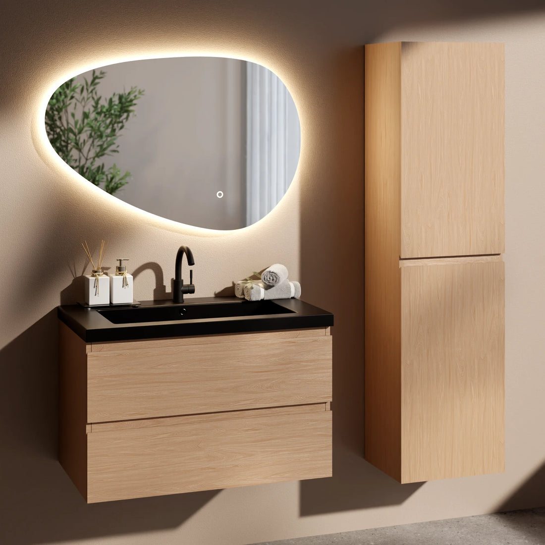Badezimmermöbel Set Monaco – 80 cm – Helle Eiche – Schwarzes Waschbecken