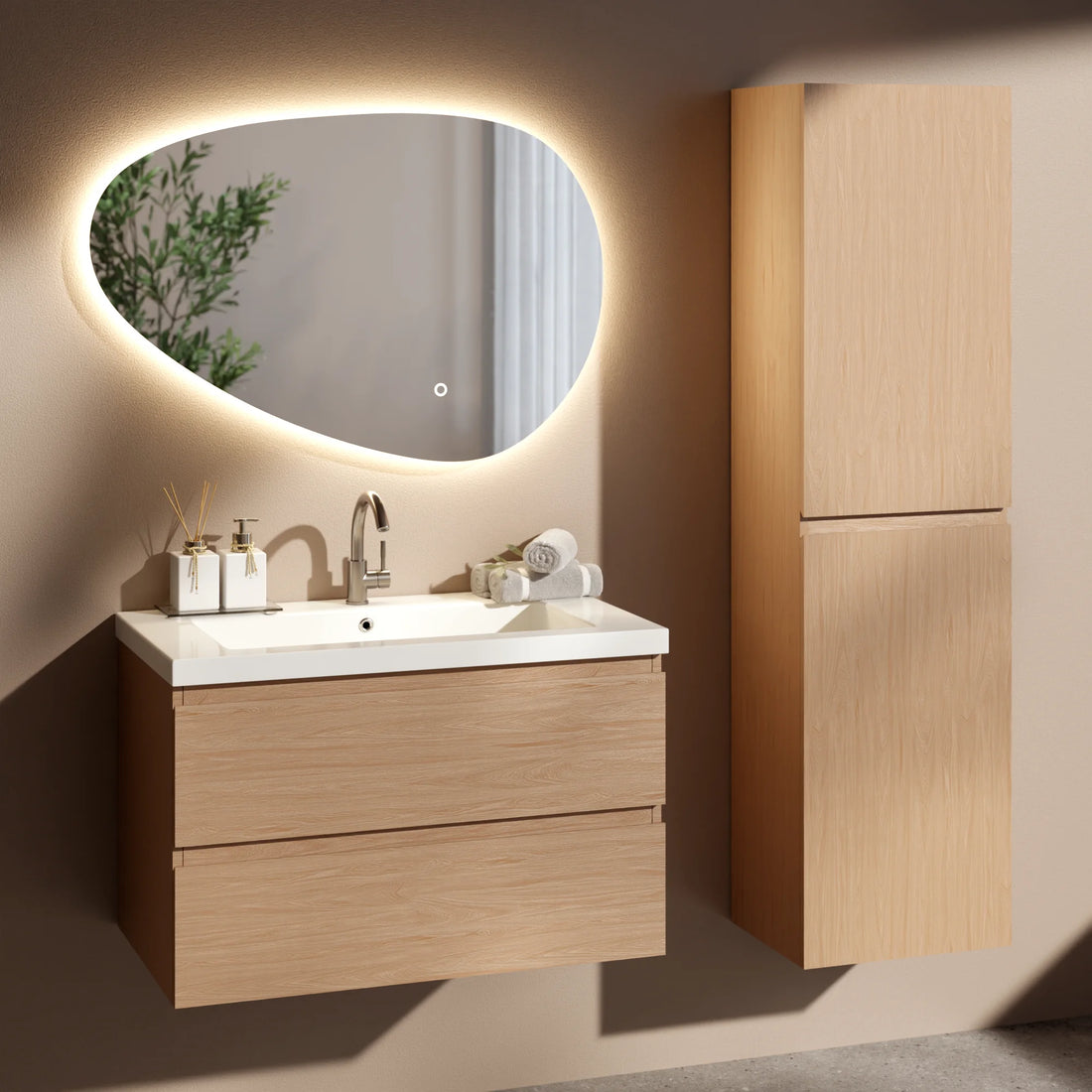 Badezimmermöbel Set Amara – 80 cm – Helle Eiche – Weißes Waschbecken