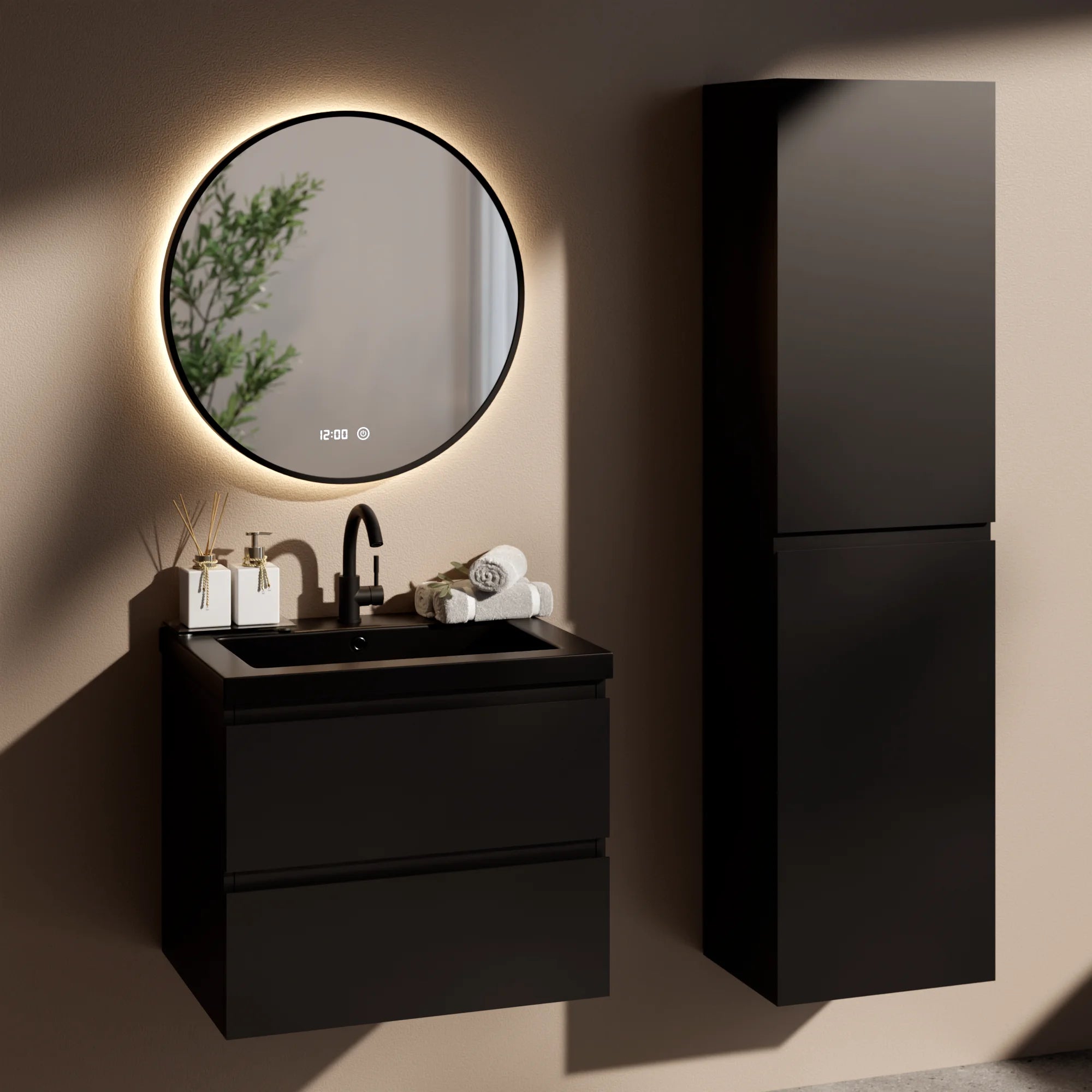 Badezimmermöbel Set Novara – 60 cm – Matt Schwarz – Schwarzes Waschbecken