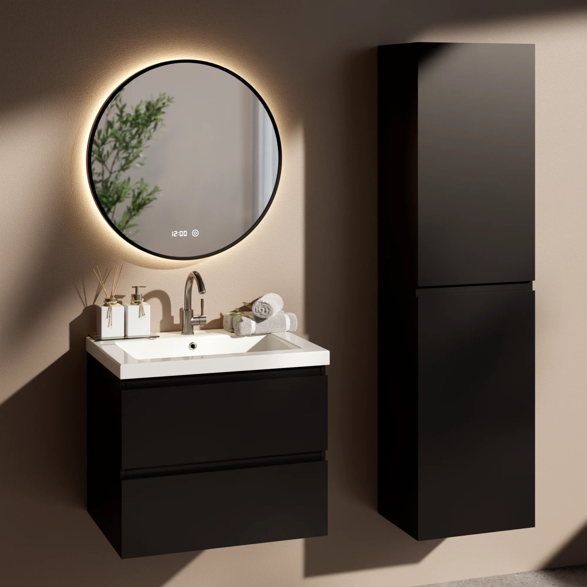 Badezimmermöbel Set Lunaro – 60 cm – Mattschwarz – Weißes Waschbecken