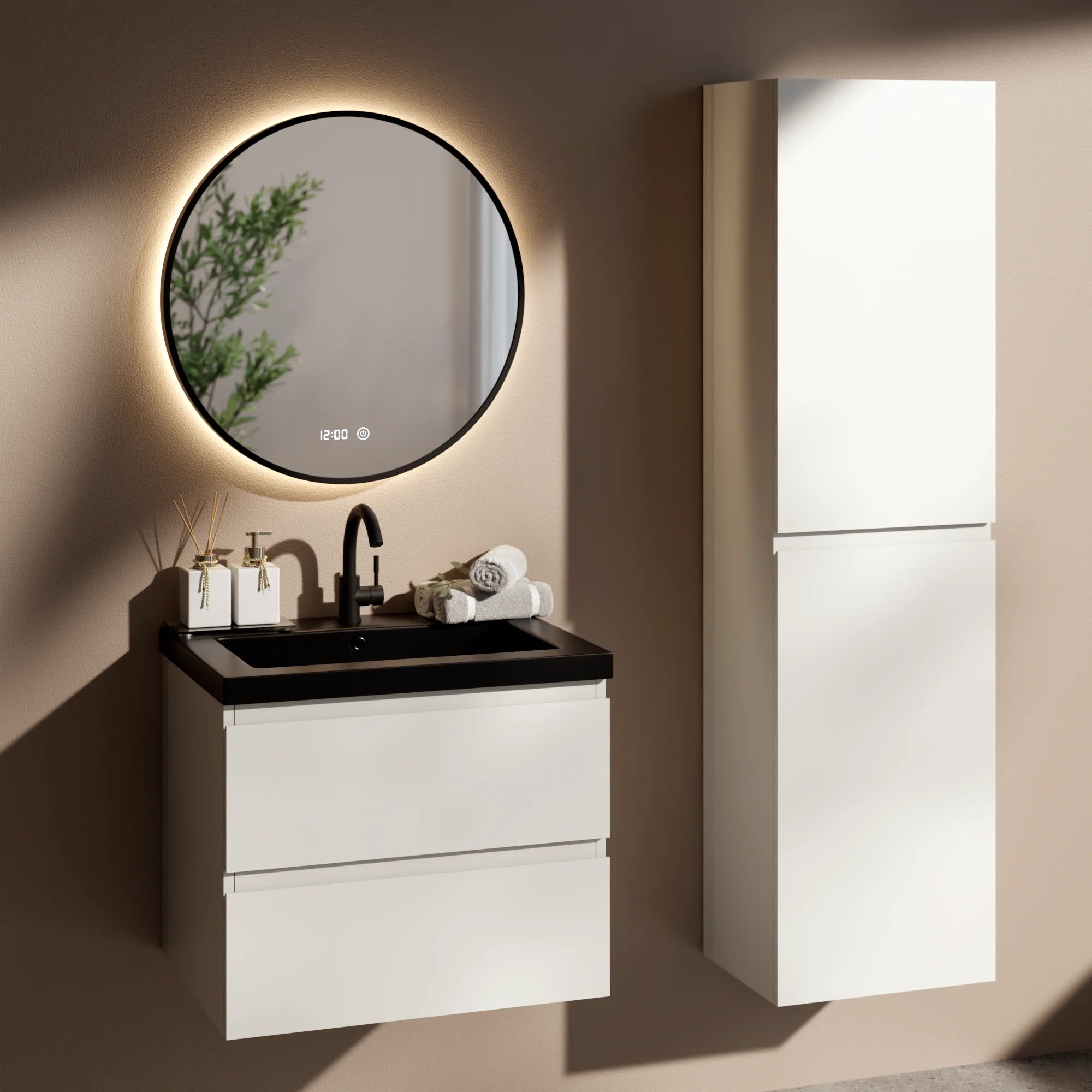 Badezimmermöbel Set Paris – 60 cm – Weiß – Schwarzes Waschbecken