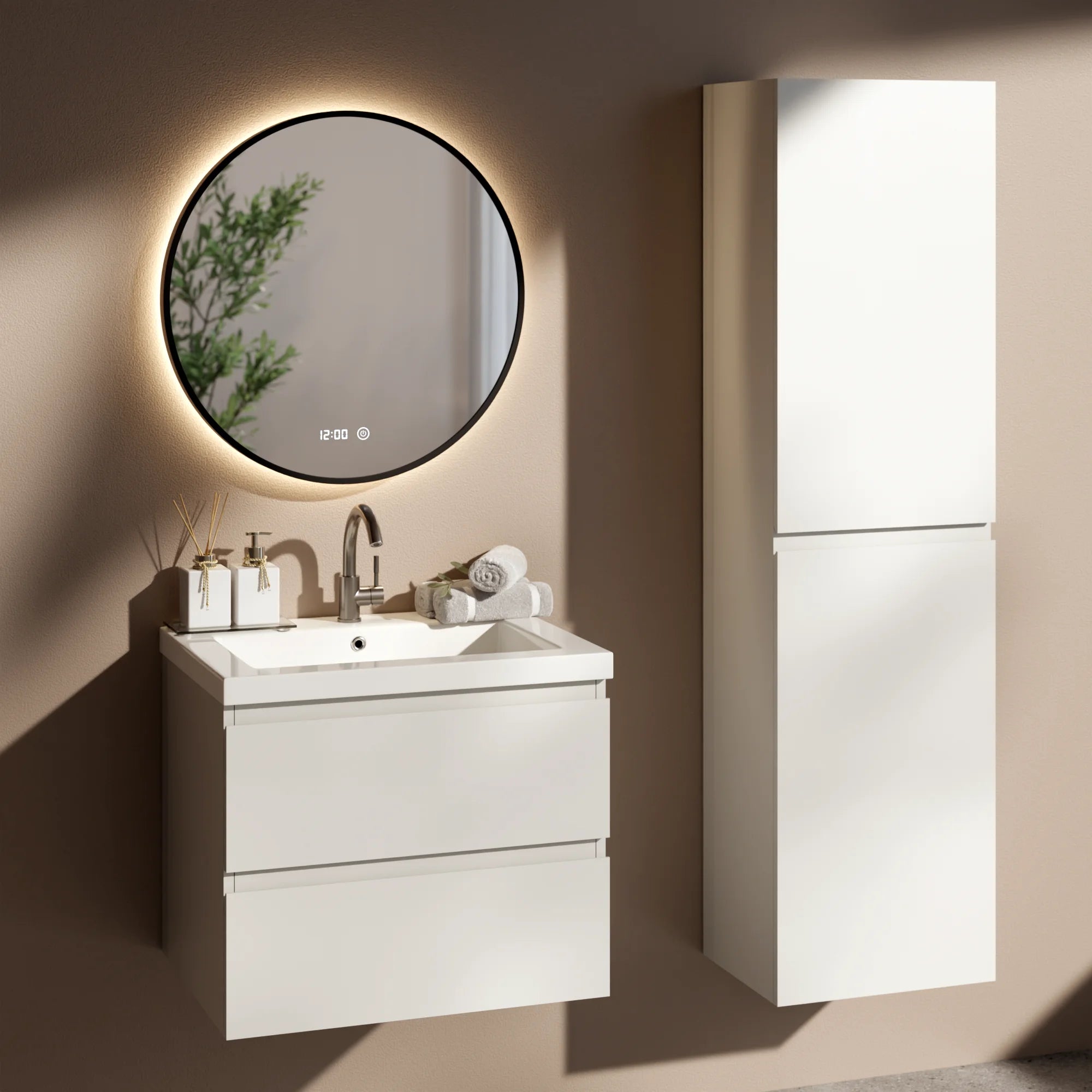 Badezimmermöbel Set London – 60 cm – Weiß – Weißes Waschbecken
