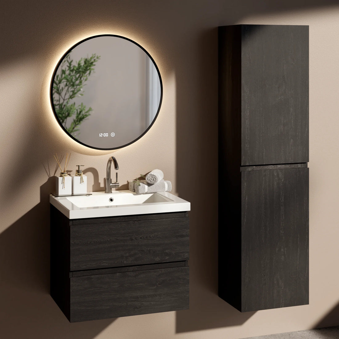 Badezimmermöbel Set Virello – 60 cm – Schwarze Eiche – Weißes Waschbecken